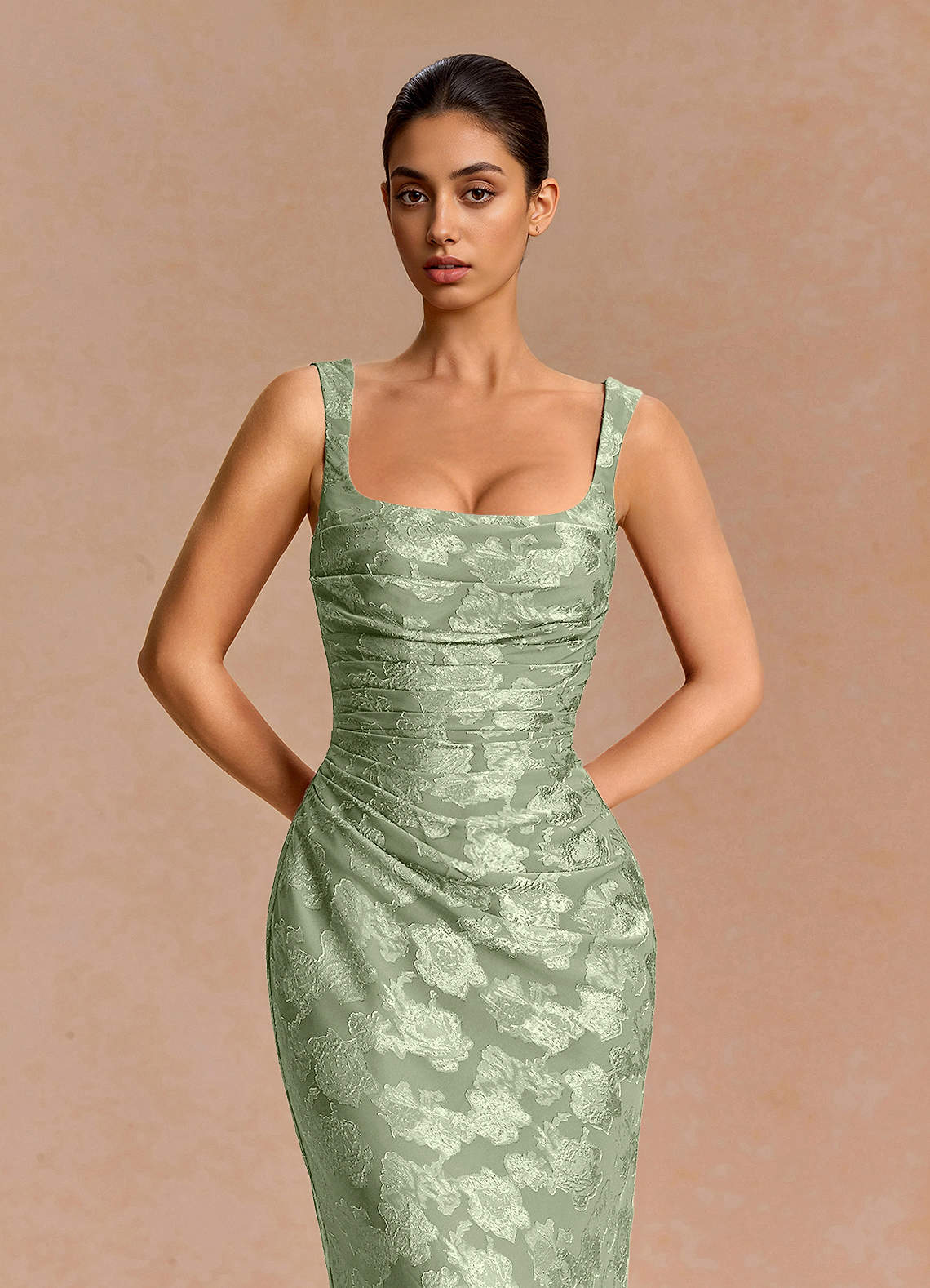 Agustina Square-Neck Pleated Fil Coupé Evening Dress in Light Green