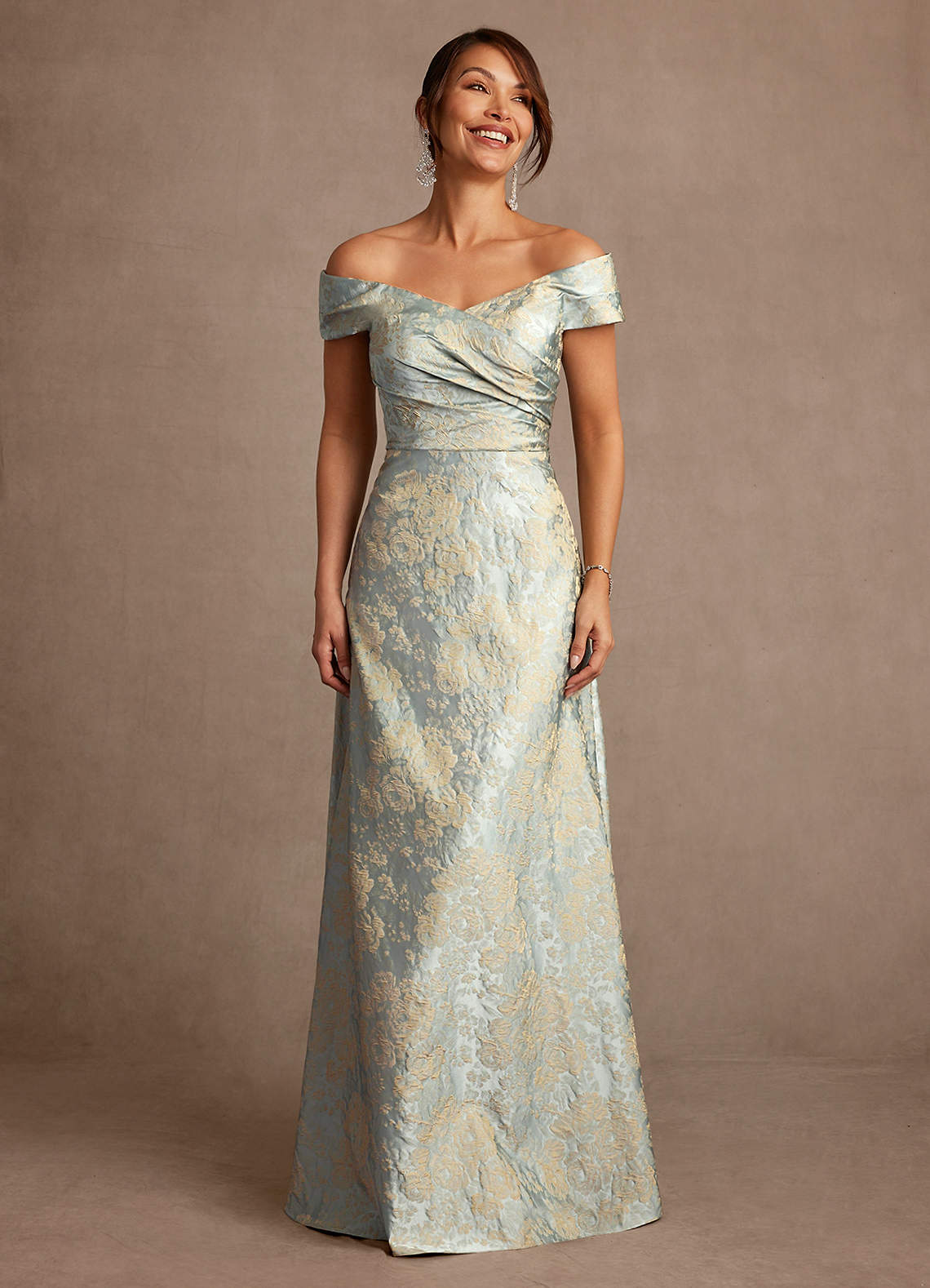 Beatrix A-Line Off-the-Shoulder Jacquard Mother of the Bride Dress in Vintage Blue