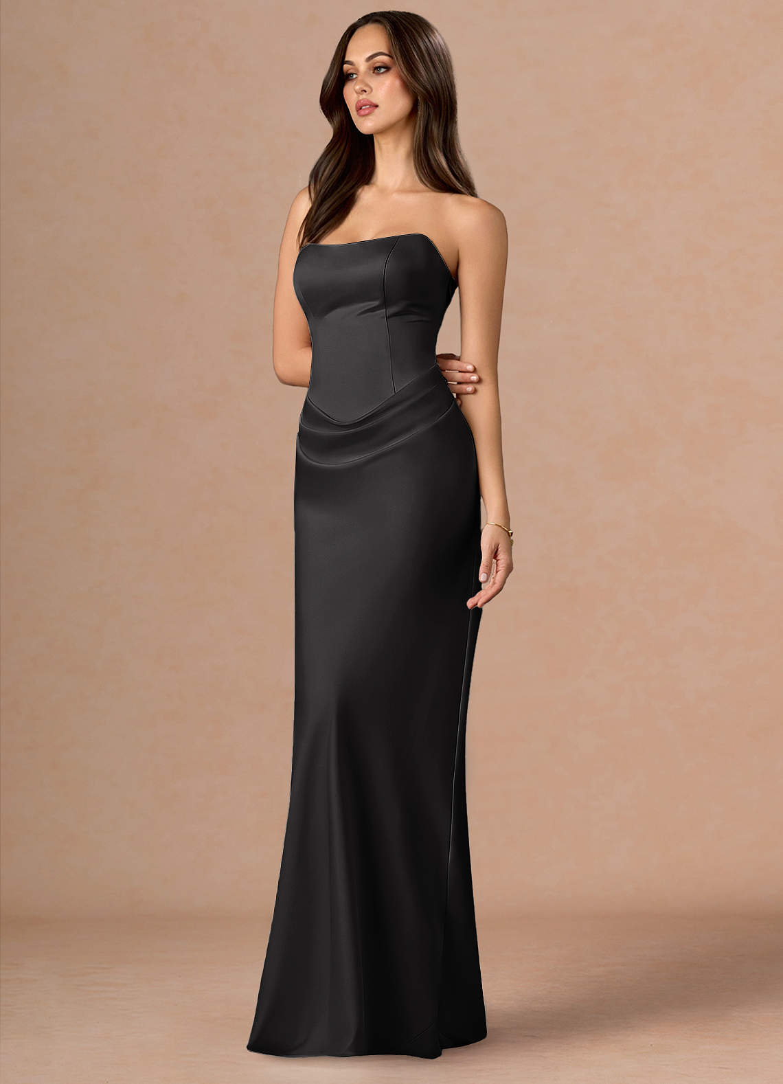 Valencia Scarf Lace-Up Stretch Satin Evening Dress in black