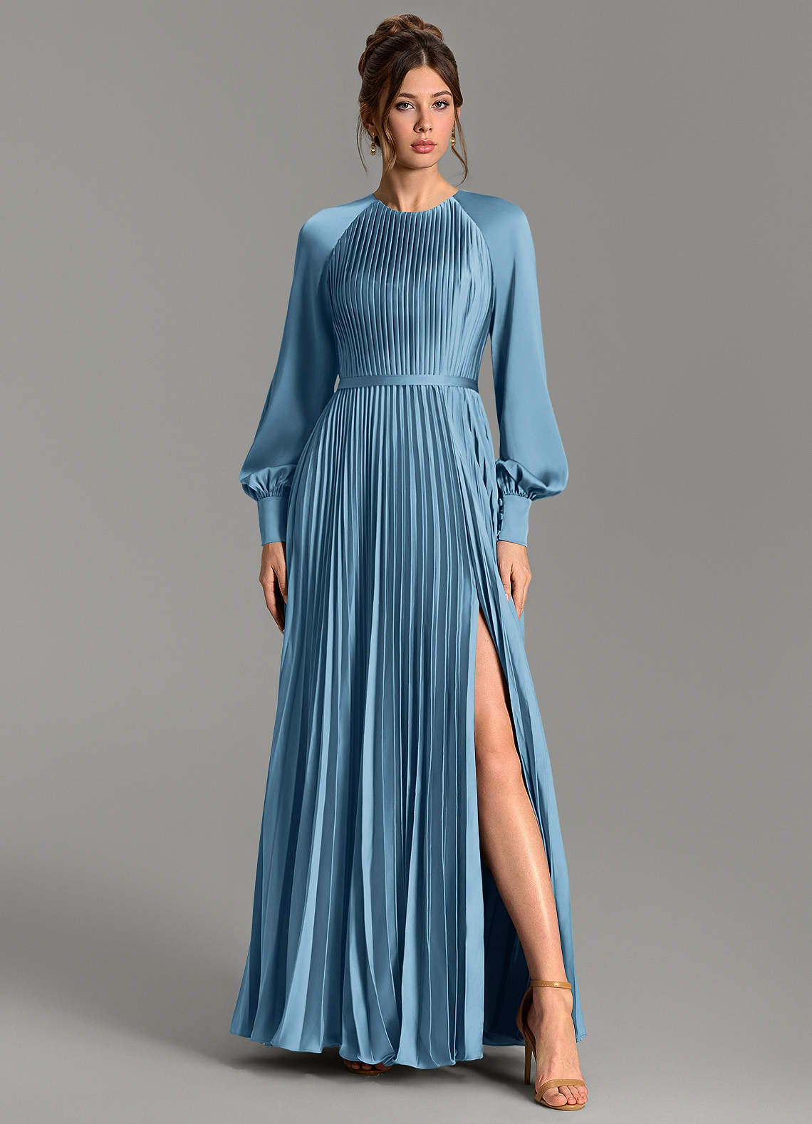 Grayson A-Line Scoop-Neck Stretch Satin Bridesmaid Dress in Steel Blue