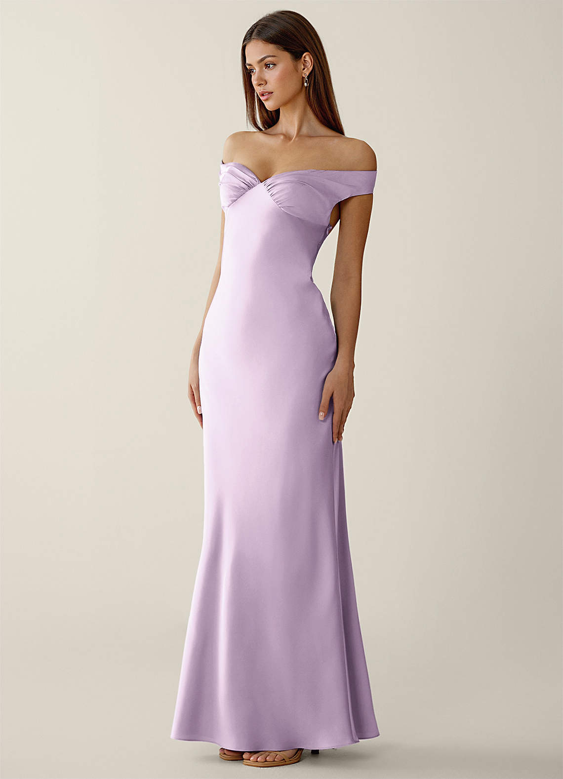 Gwendonme Sheath Off-the-Shoulder Satin Crystal Linen Evening Dress in Frosted Lilac
