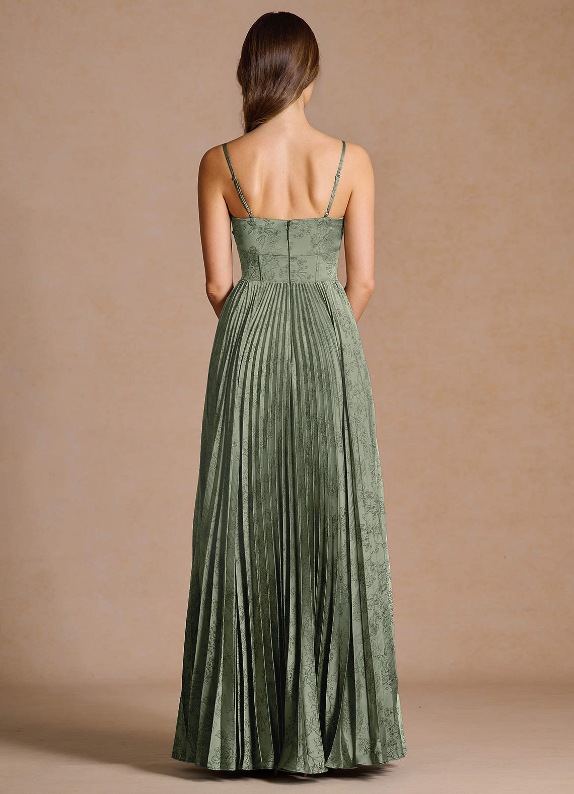 Vesper Pleated Knot-Neck Jacquard Wedding Guest Dress in Sage Blue
