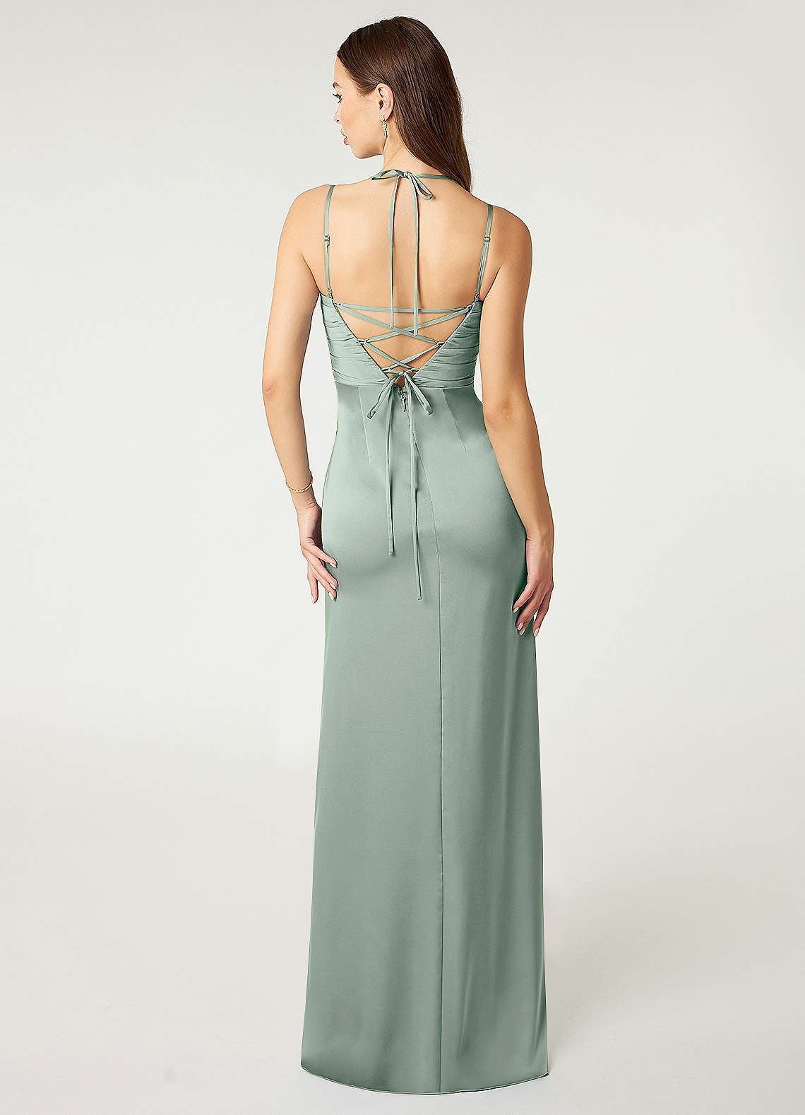 Desi Sheath Halter Stretch Satin Bridesmaid Dress in Agave