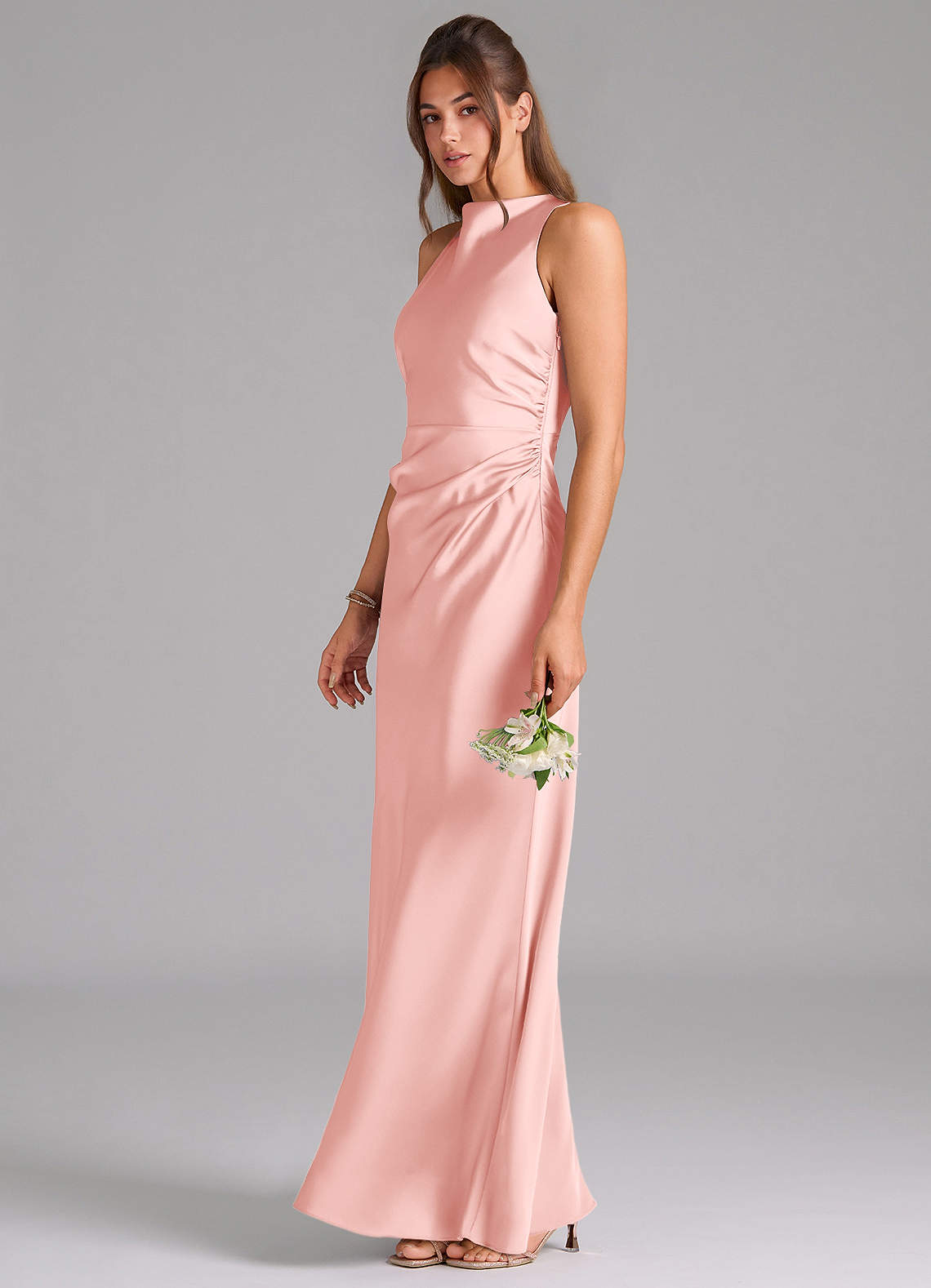 Evadne Sheath Scoop-Neck Stretch Satin Bridesmaid Dress in Powder Pink