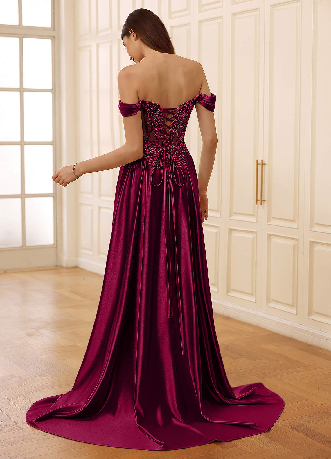 Rowane A-Line Off-the-Shoulder Satin Evening Dress in Burgundy