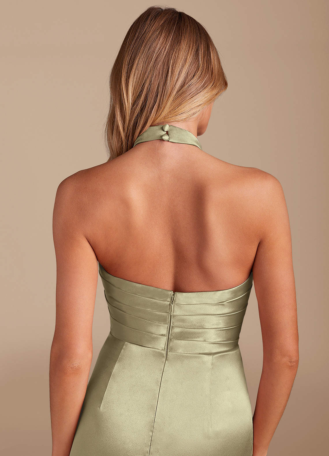 Jemma Sheath High-Neck Metallic Satin Bridesmaid Dress in Moss Green