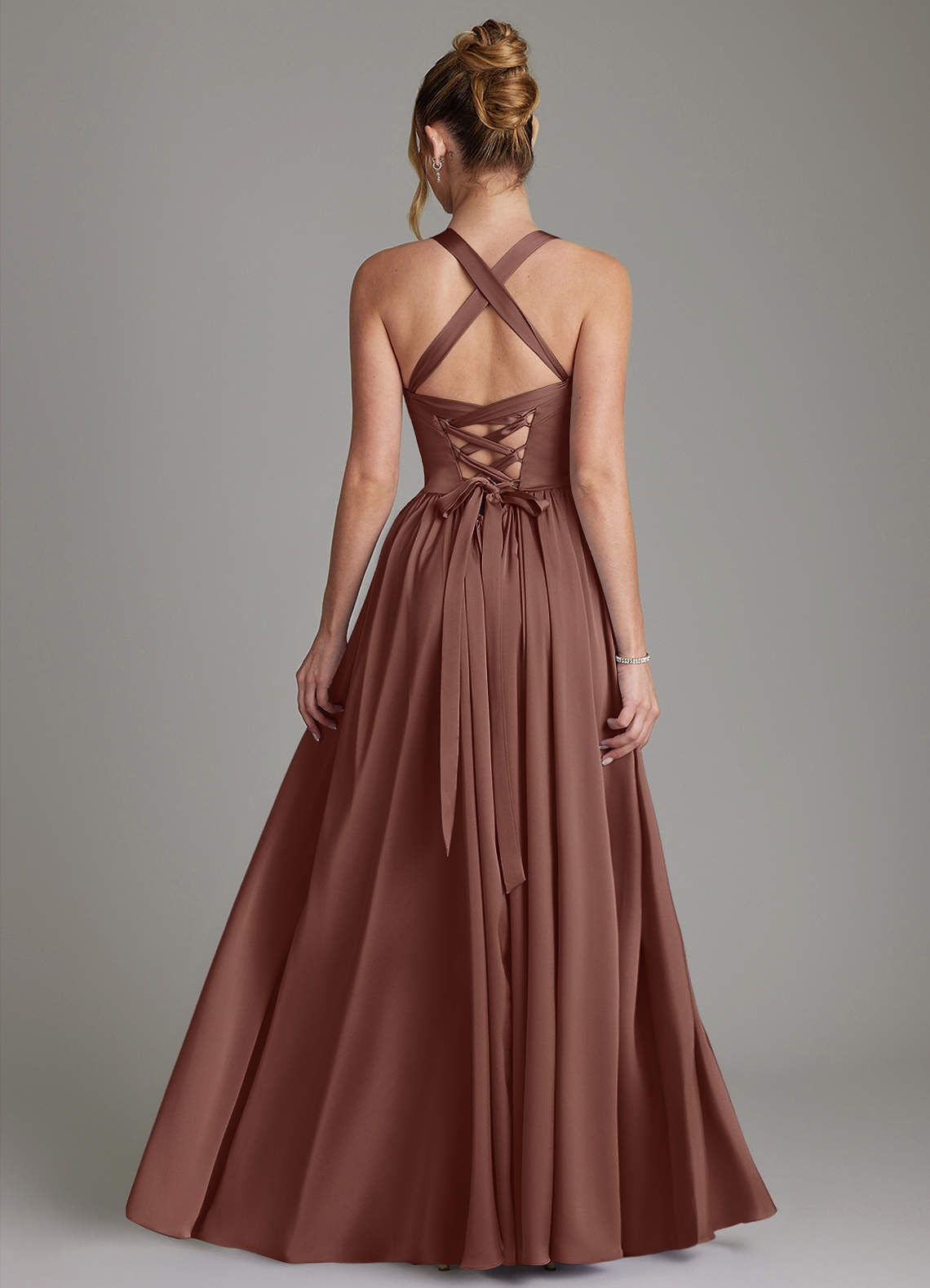 Francis A-Line V-Neck Stretch Satin Bridesmaid Dress in Espresso