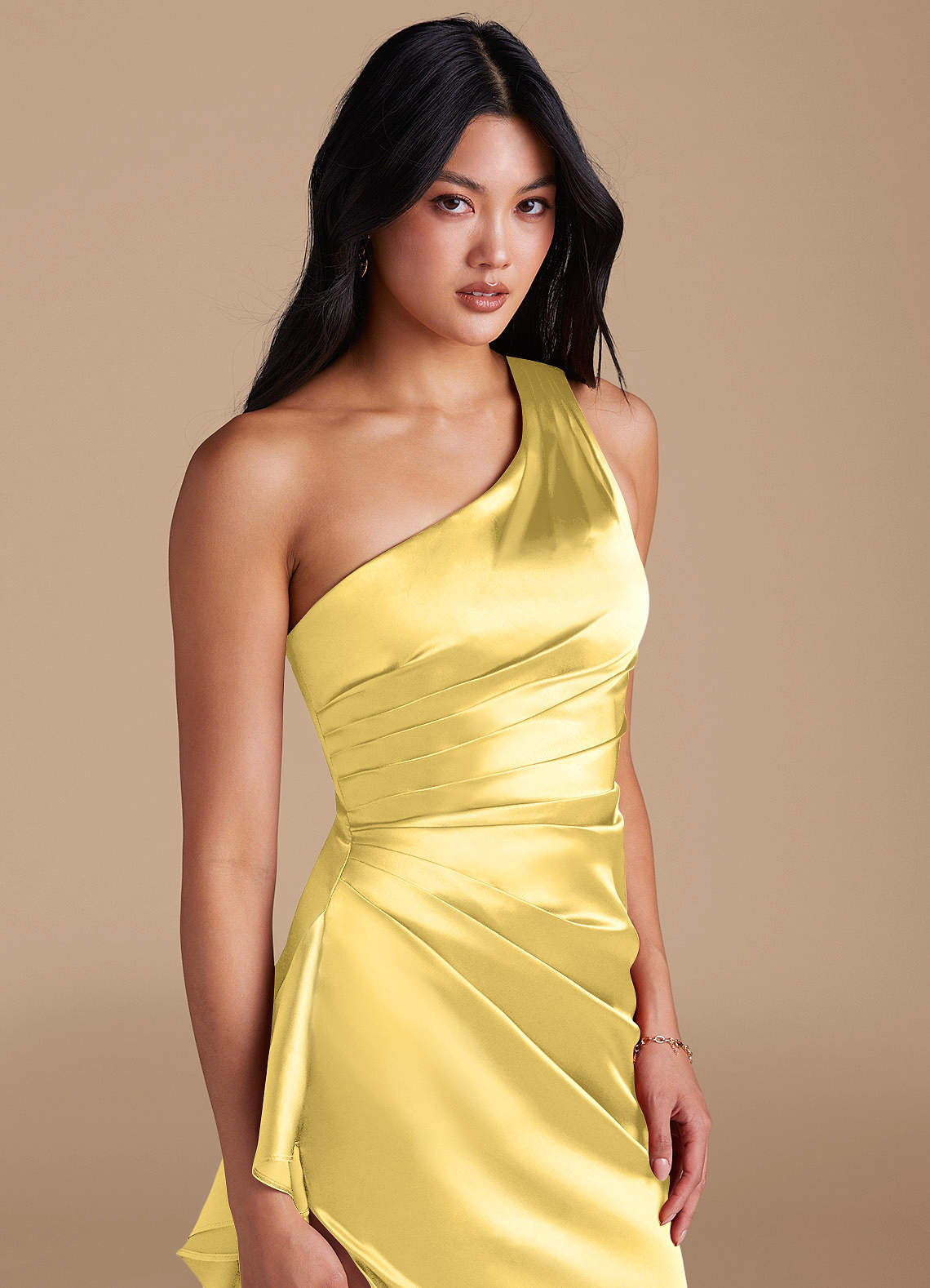 Latrice Sheath One-Shoulder Metallic Satin Bridesmaid Dress in Canary