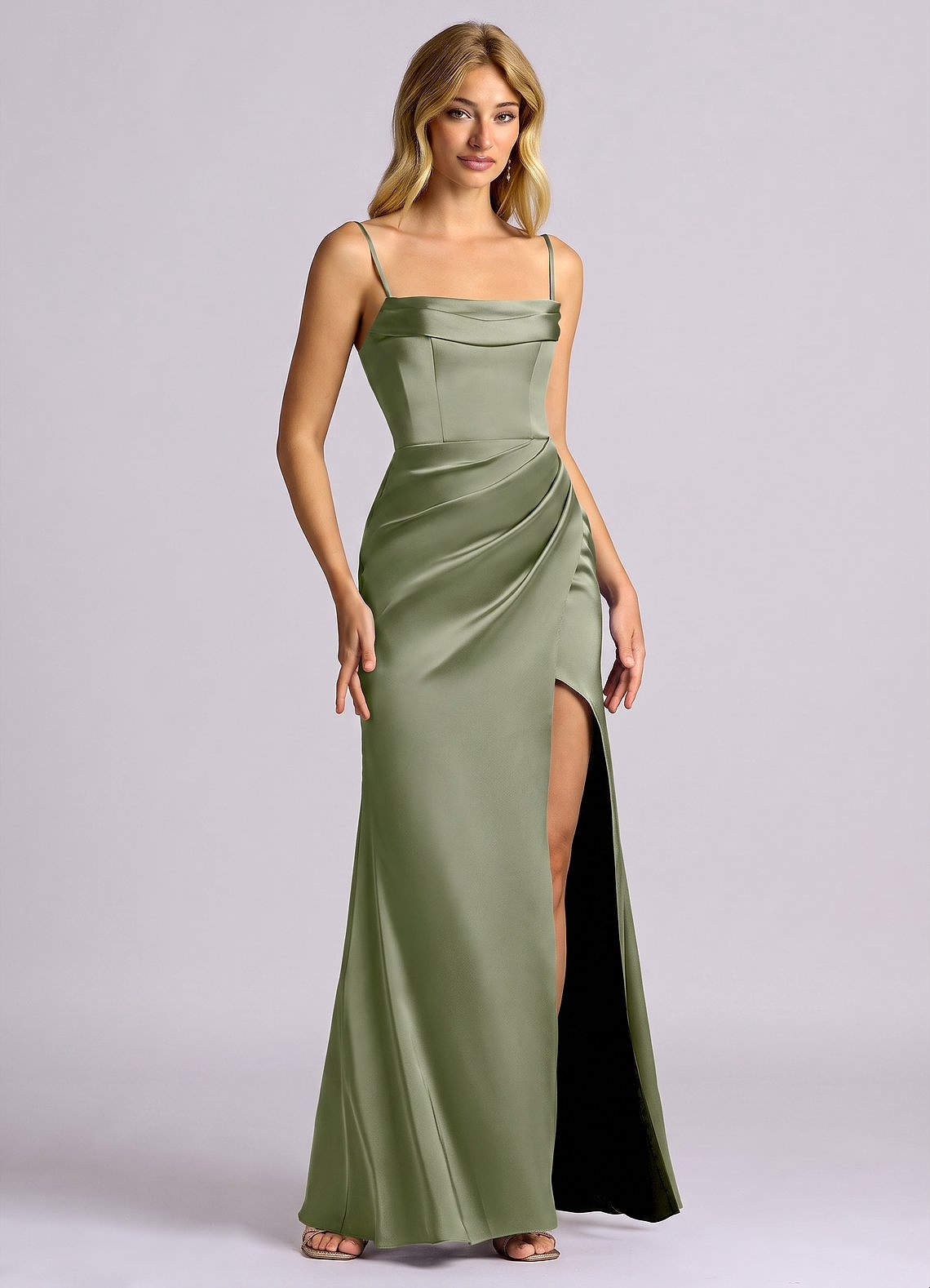 Auden Sheath Off-the-Shoulder Stretch Satin Bridesmaid Dress in Pistachio