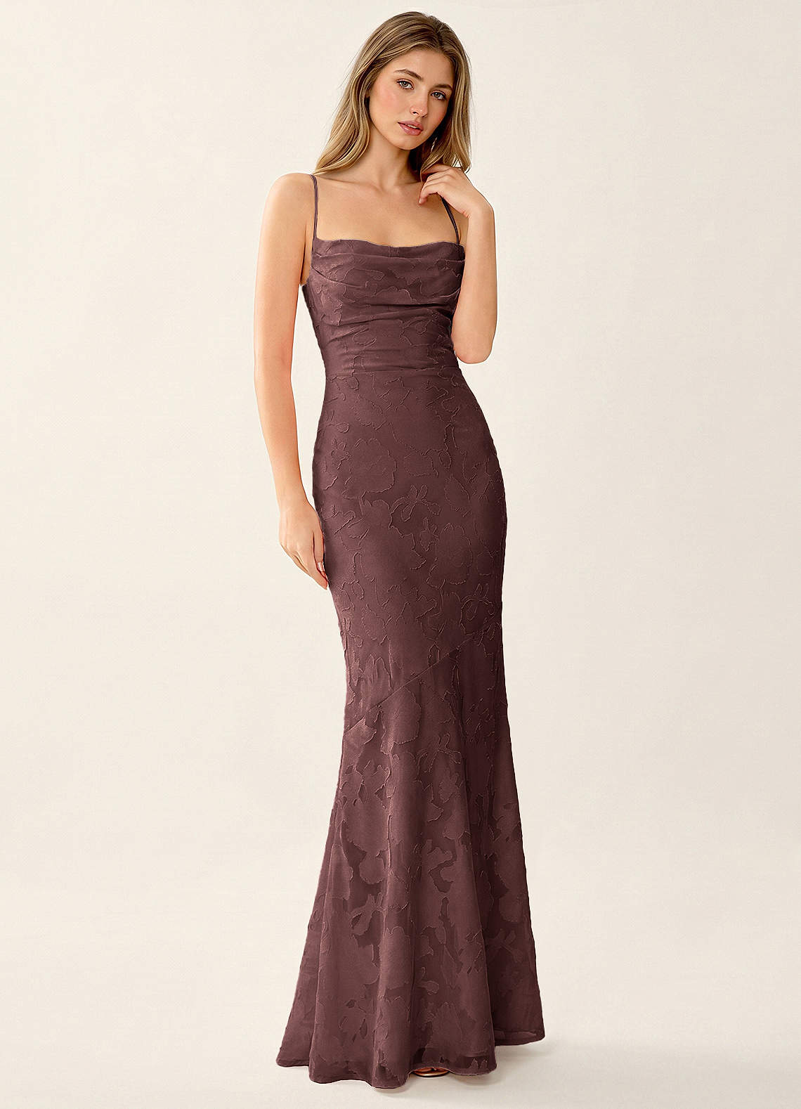 Natasha Mermaid Spaghetti-Strap Floral Burnout Evening Dress in Burgundy