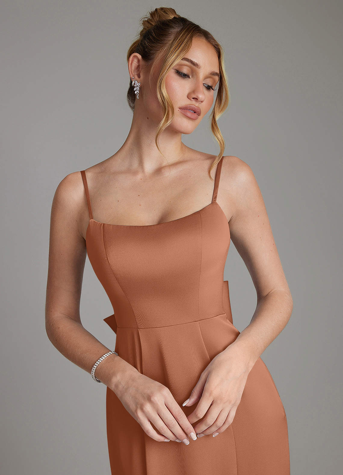 Zherra Mermaid Scoop-Neck Stretch Satin Bridesmaid Dress in Bronzer