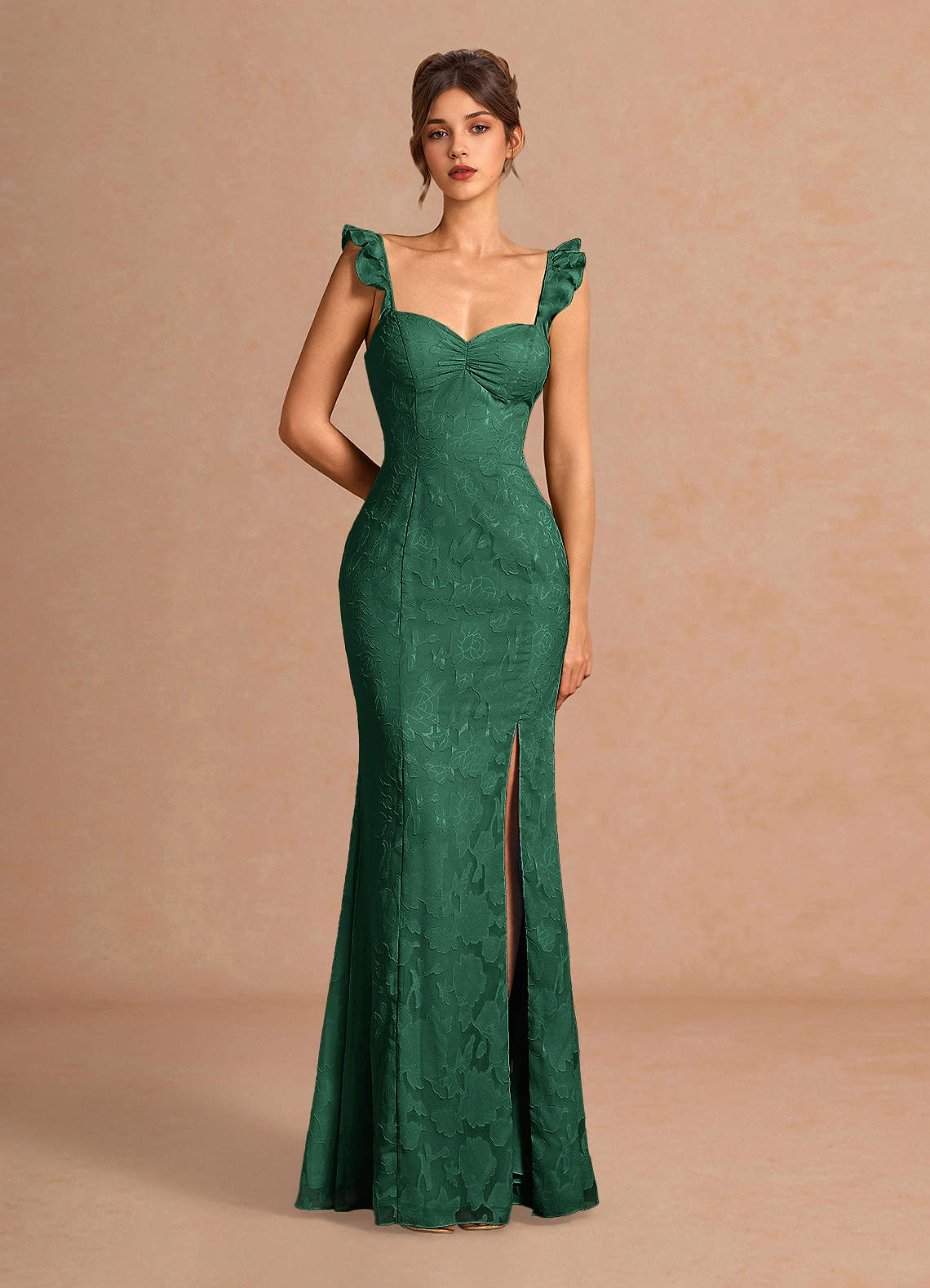 Romilly Mermaid Ruffled Chiffon Burnout Evening Dress in Emerald Green