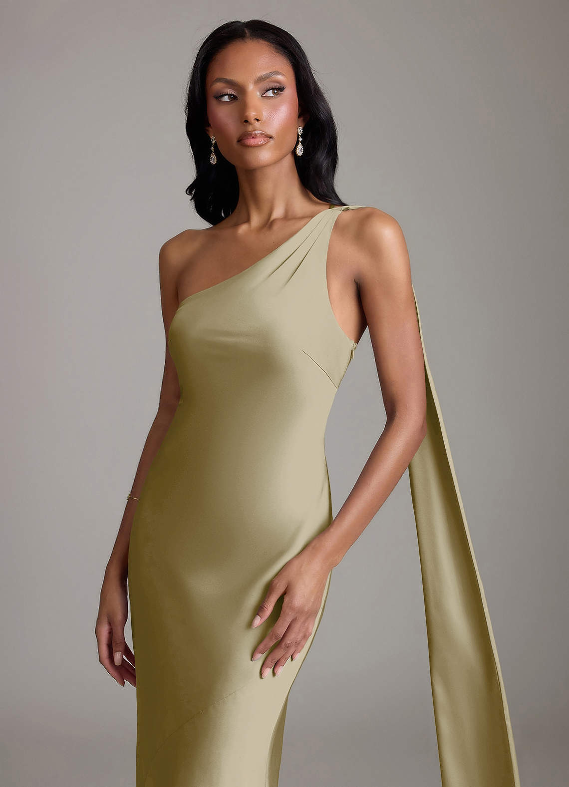 Juniper Mermaid One-Shoulder Stretch Satin Bridesmaid Dress in Moss Green