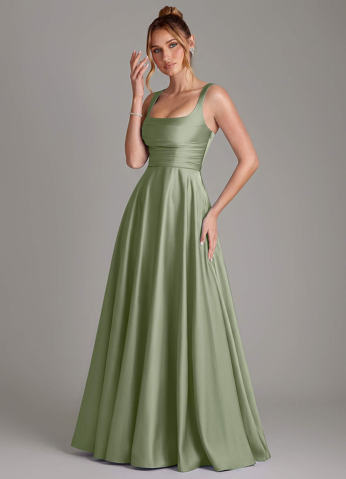 Azaria A-Line Square-Neck Stretch Satin Bridesmaid Dress in Pistachio