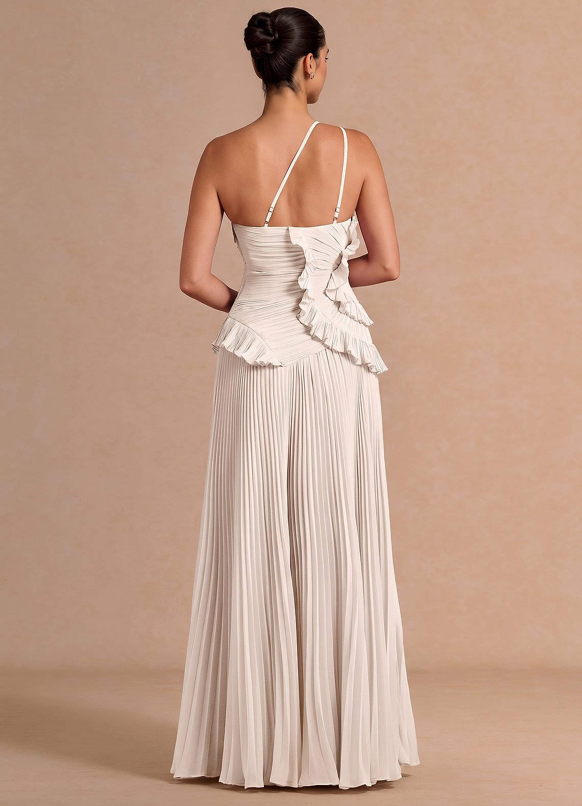 Melody A-Line One-Shoulder Chiffon Evening Dress in Cream