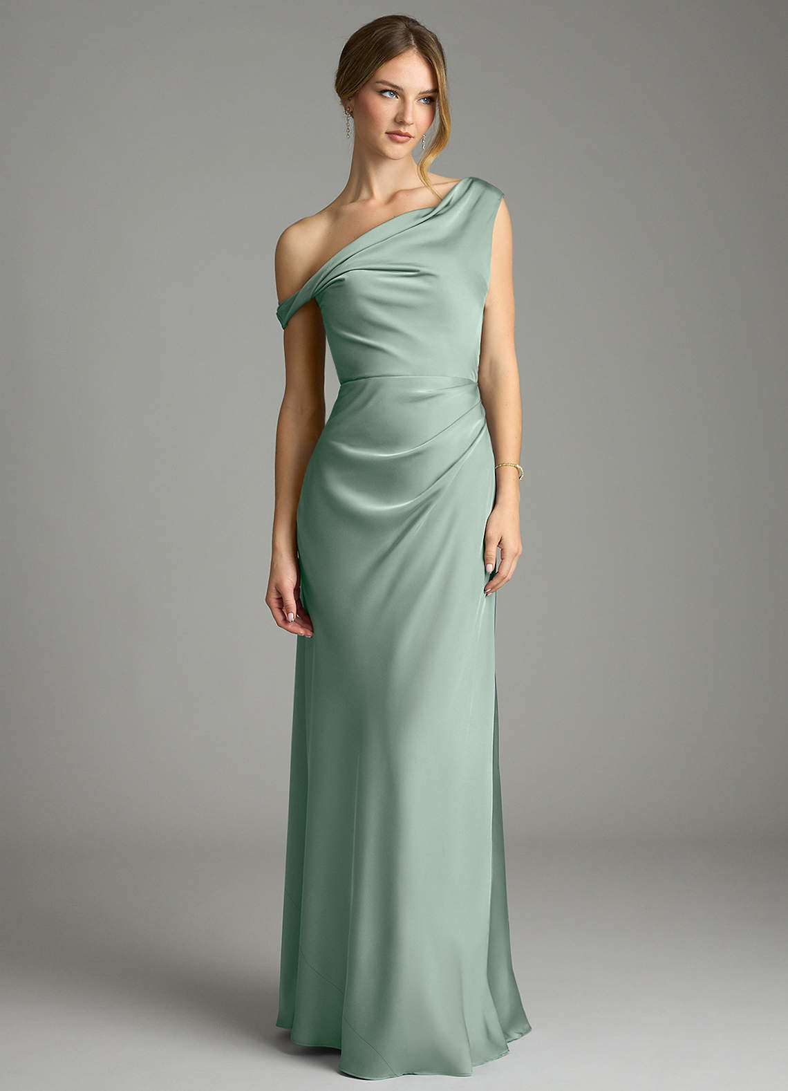 Emerson Mermaid One-Shoulder Stretch Satin Bridesmaid Dress in Agave
