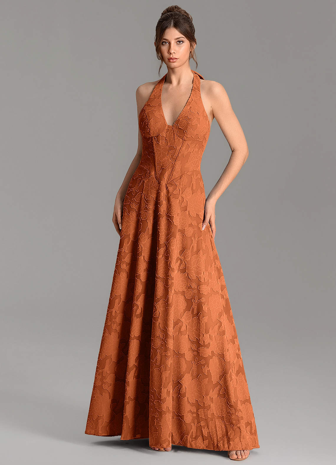 Nia A-Line V-Neck Floral Burnout Bridesmaid Dress in Burnt Orange