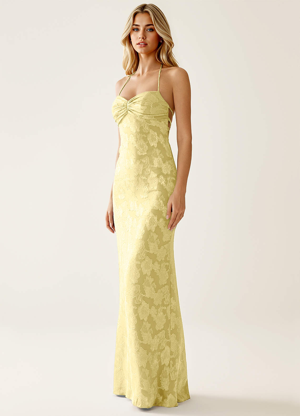 Angena Sheath Halter Floral Burnout Evening Dress in Lemon Sorbet