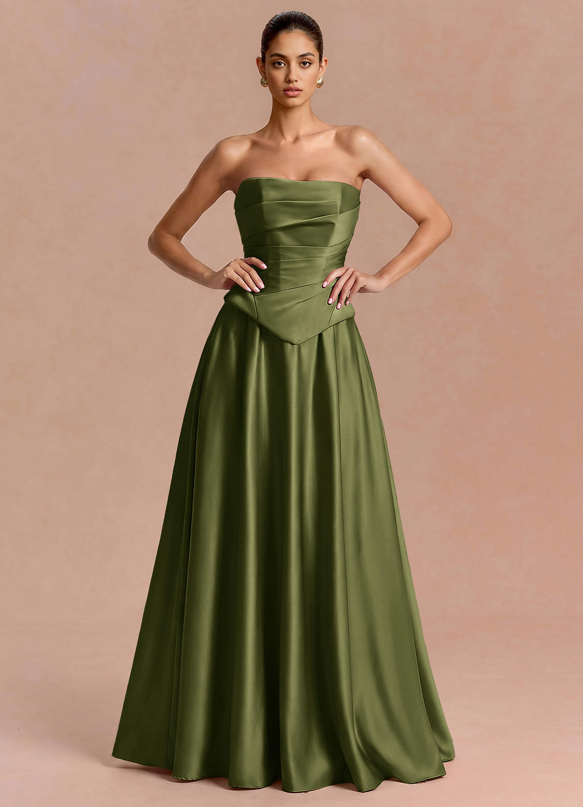 Eponine A-Line Pleated Stretch Satin Evening Dress in Truffle