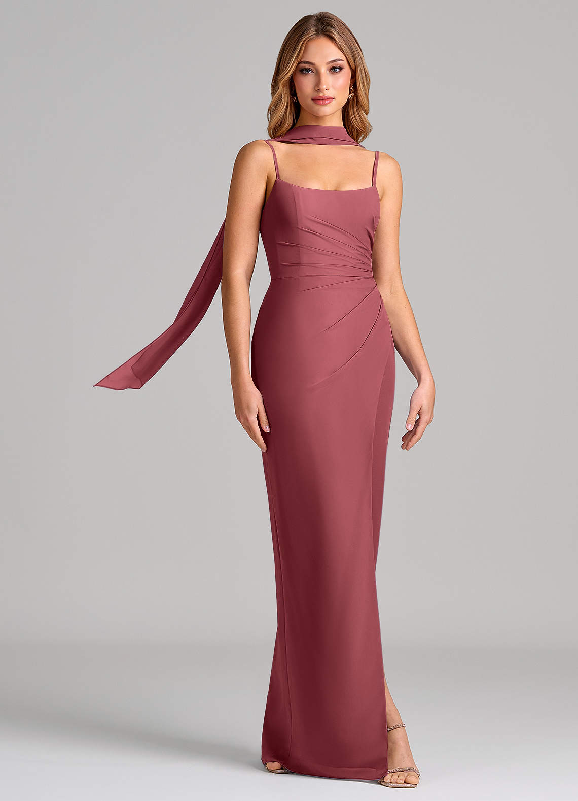 Calandra Sheath Scoop-Neck Chiffon Bridesmaid Dress in Merlot