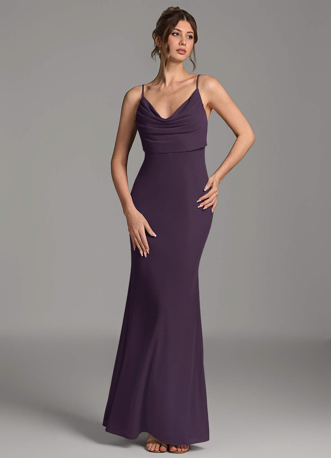 Zari Mermaid Cowl-Neck Mesh Bridesmaid Dress in Plum