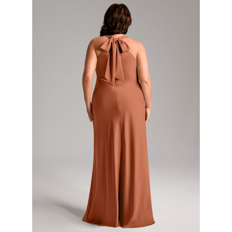 Doretta Mermaid Halter Stretch Satin Bridesmaid Dress in Cedar Rose - view 11
