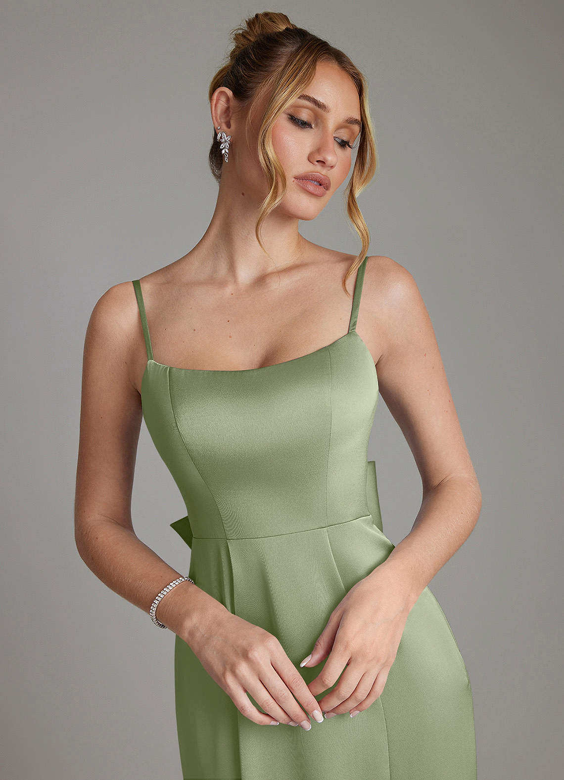 Zherra Mermaid Scoop-Neck Stretch Satin Bridesmaid Dress in Pistachio