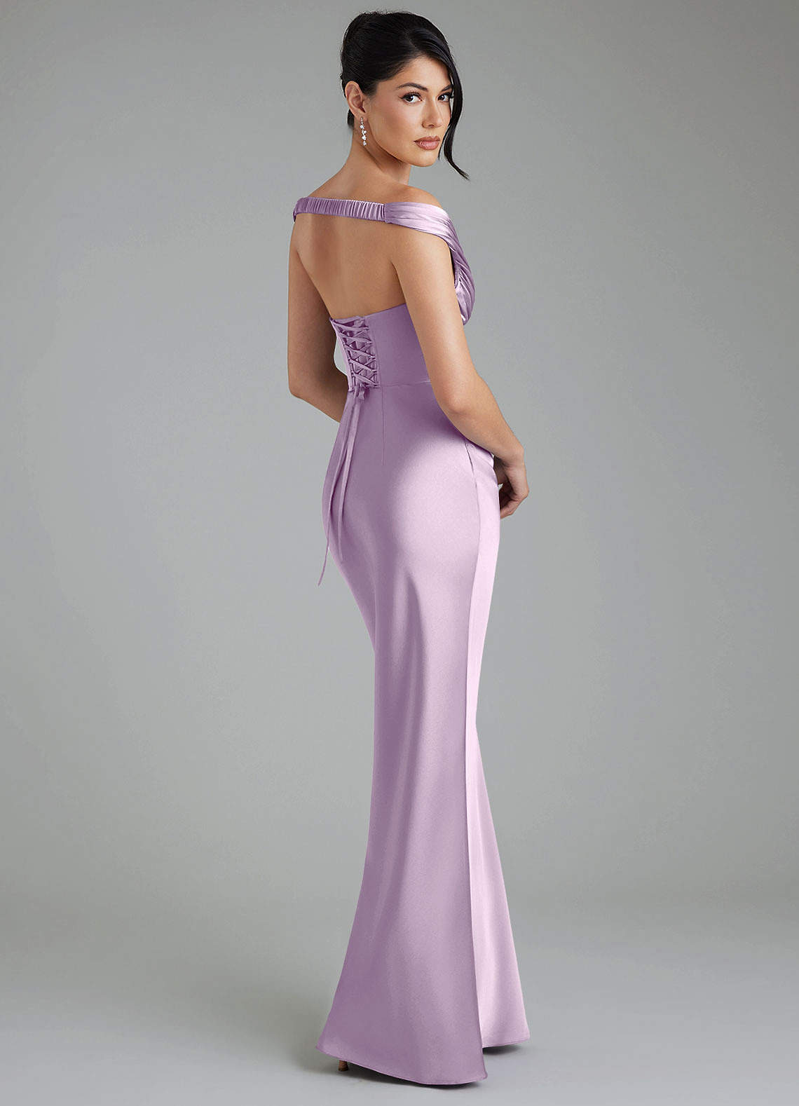 Stella Sheath V-Neck Stretch Satin Bridesmaid Dress in Frosted Lilac