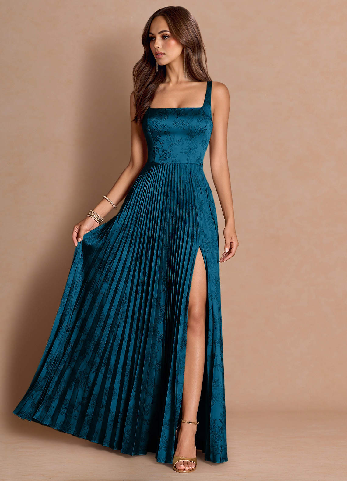 Tatiana A-Line Square-Neck Jacquard Wedding Guest Dress in Moss Navy