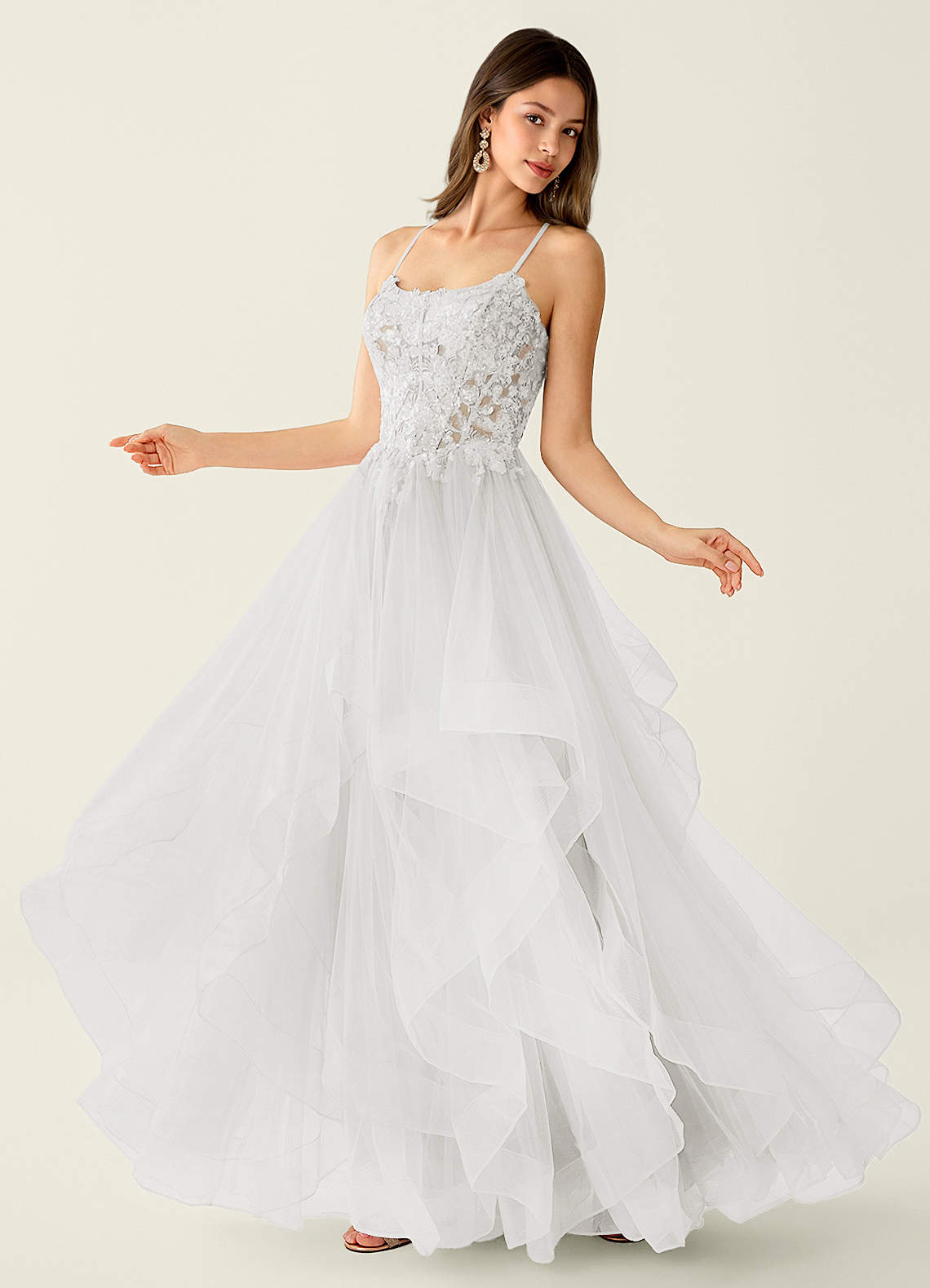 Mosaic A-Line V-Neck Tulle Evening Dress in white