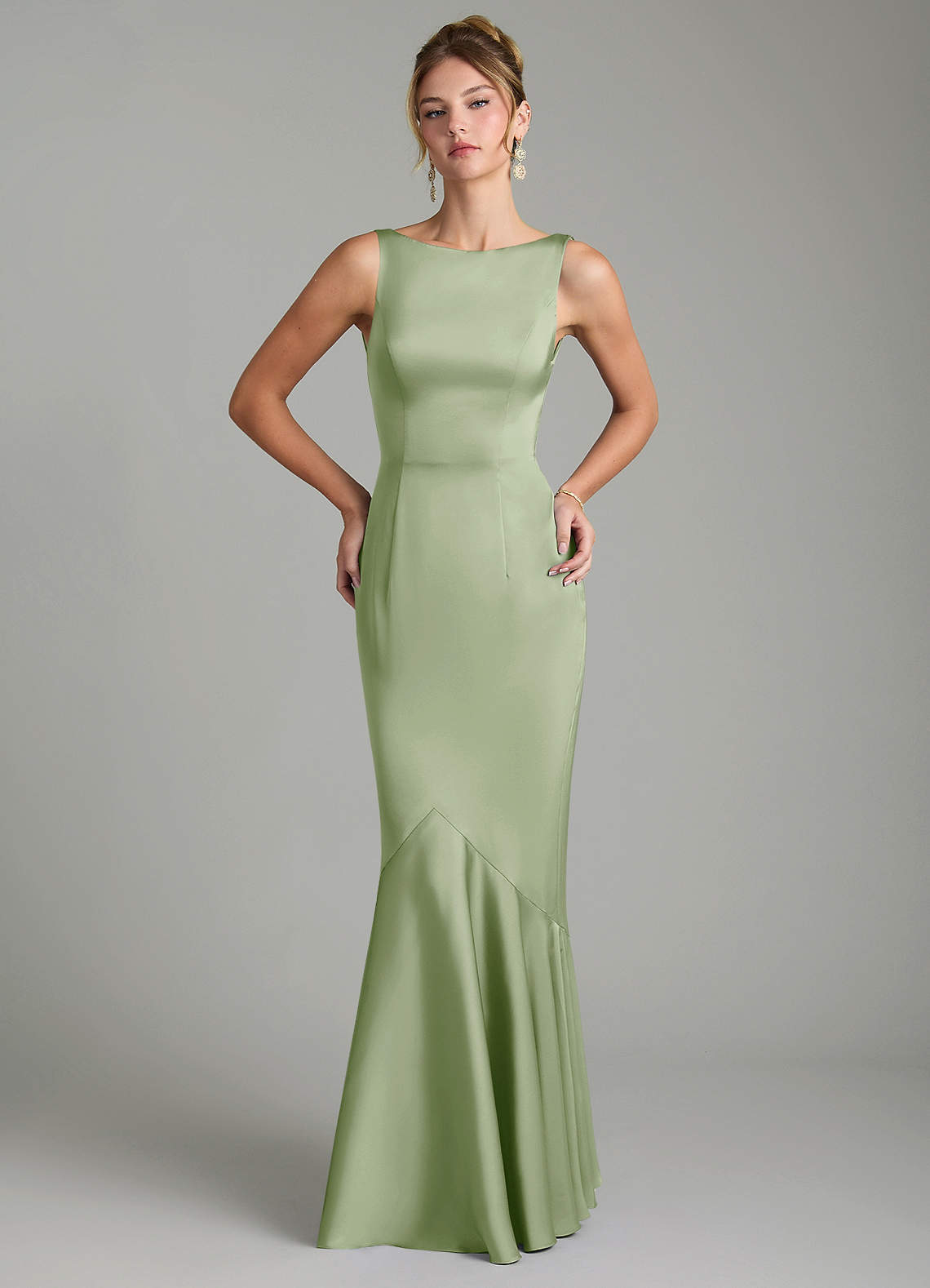 Tamera Mermaid Boat-Neck Stretch Satin and Chiffon Bridesmaid Dress in Dusty Sage