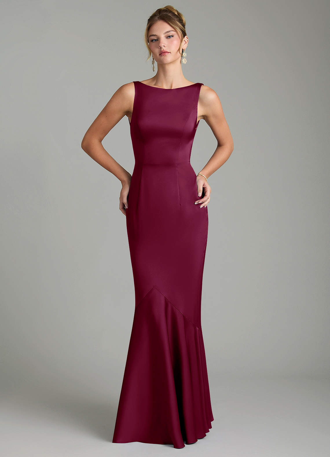 Tamera Mermaid Boat-Neck Stretch Satin and Chiffon Bridesmaid Dress in Mulberry
