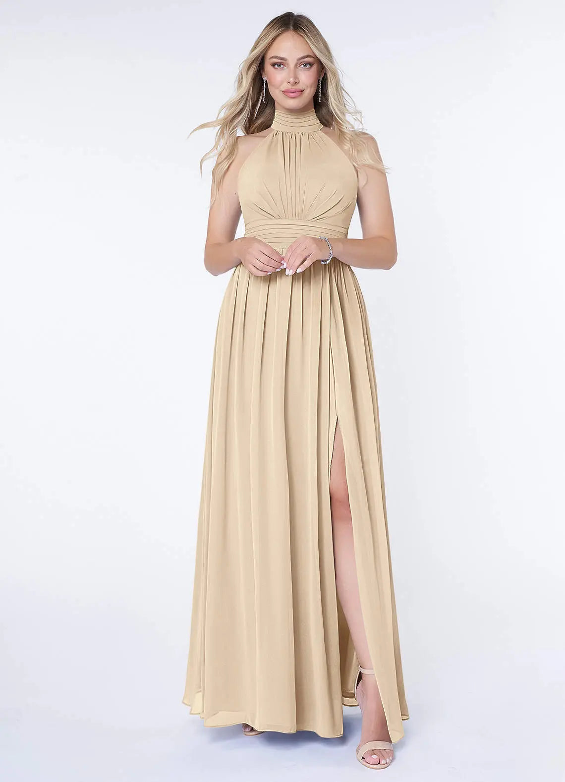 Iman A-Line Halter Chiffon Bridesmaid Dress in Champagne