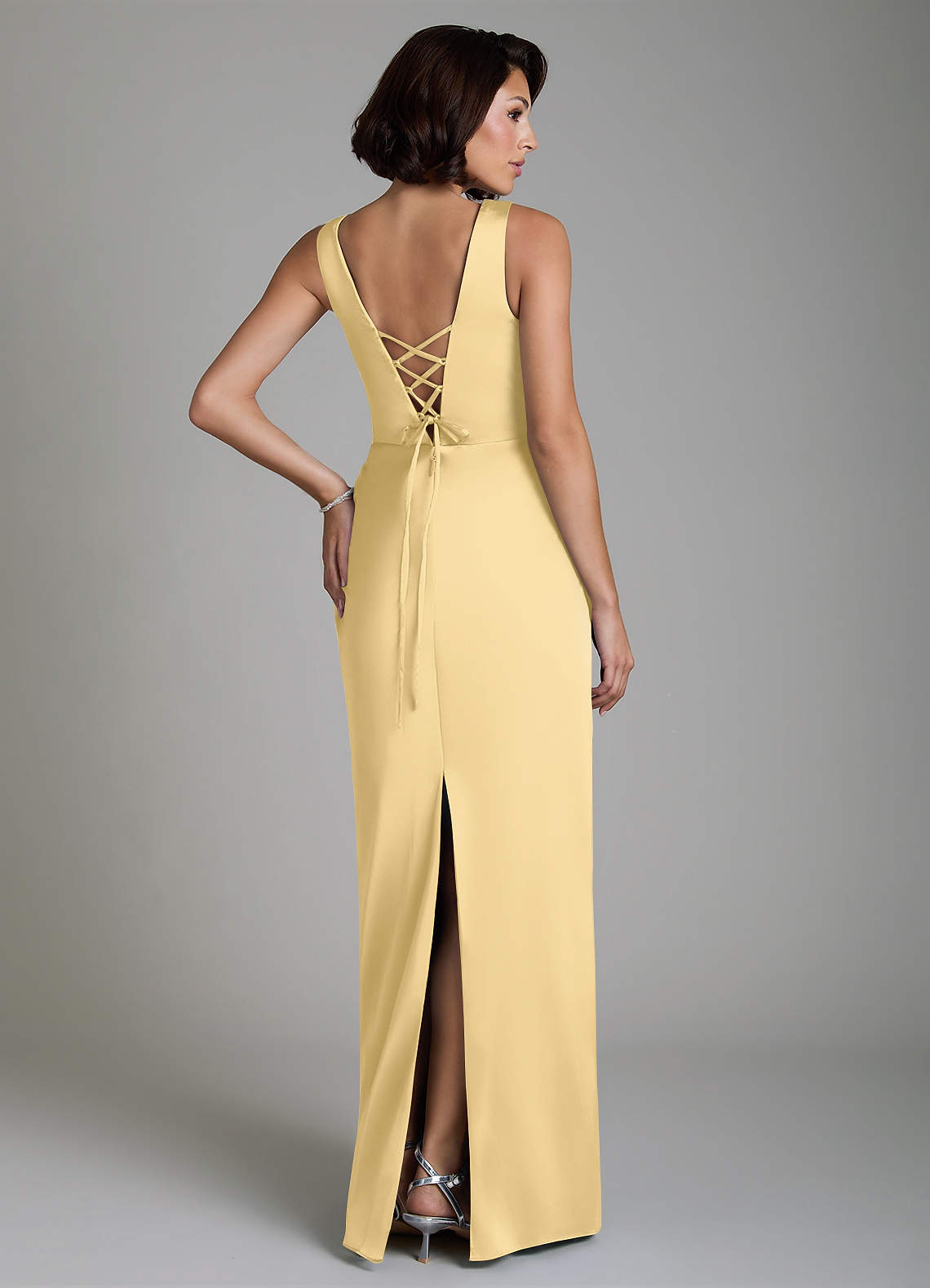 Vanya Sheath V-Neck Stretch Satin Bridesmaid Dress in Butter