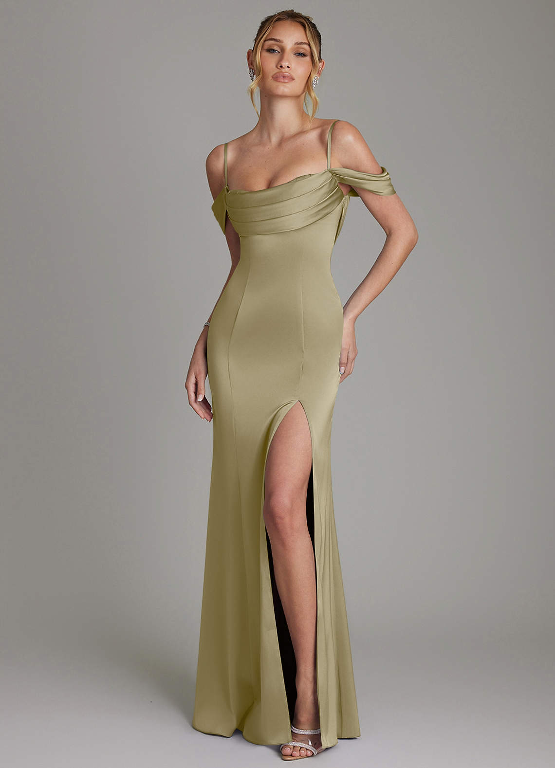 Nira Mermaid Sweetheart Stretch Satin Bridesmaid Dress in Moss Green