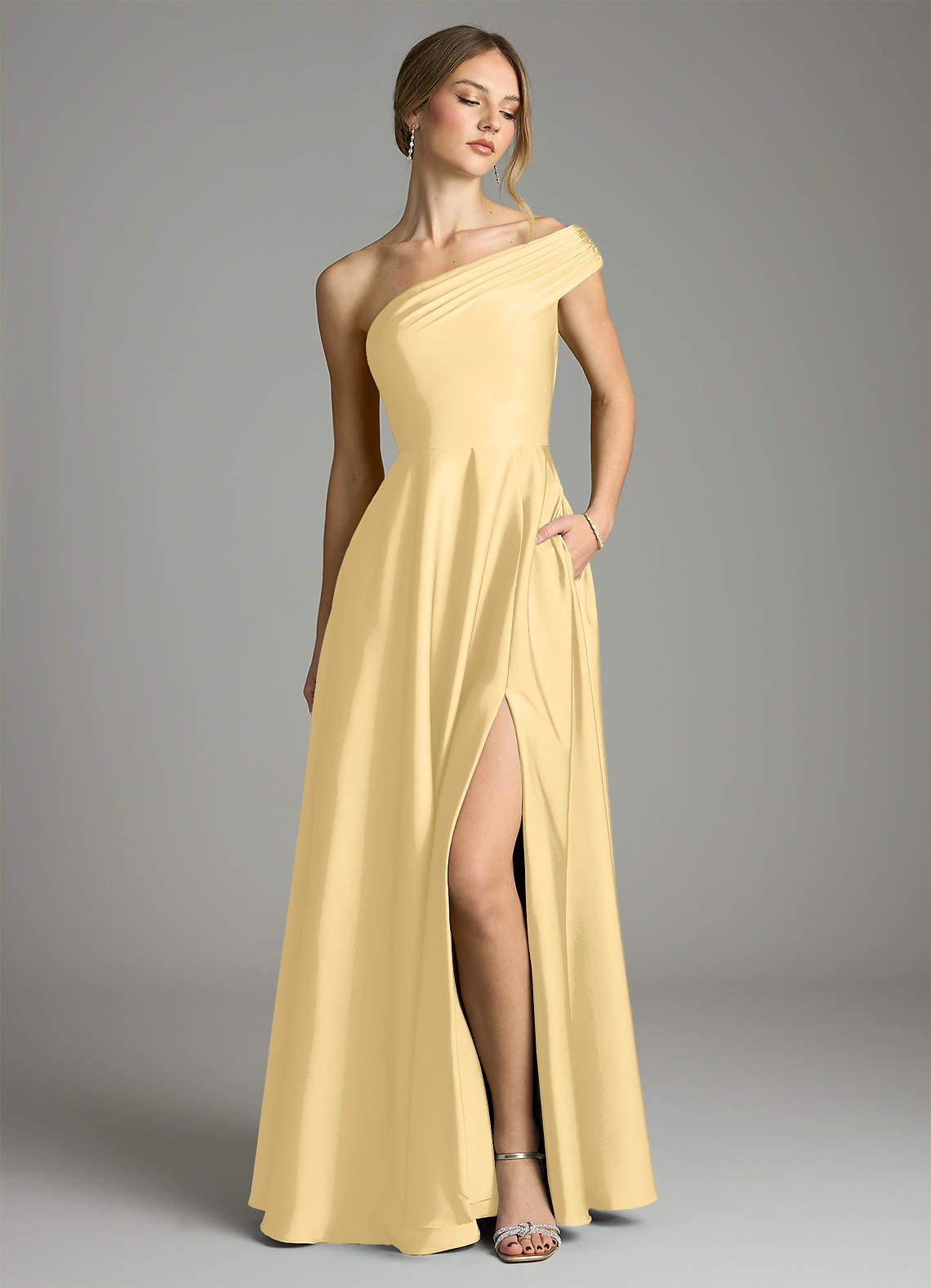 Melanie A-Line One-Shoulder Stretch Satin Bridesmaid Dress in Butter