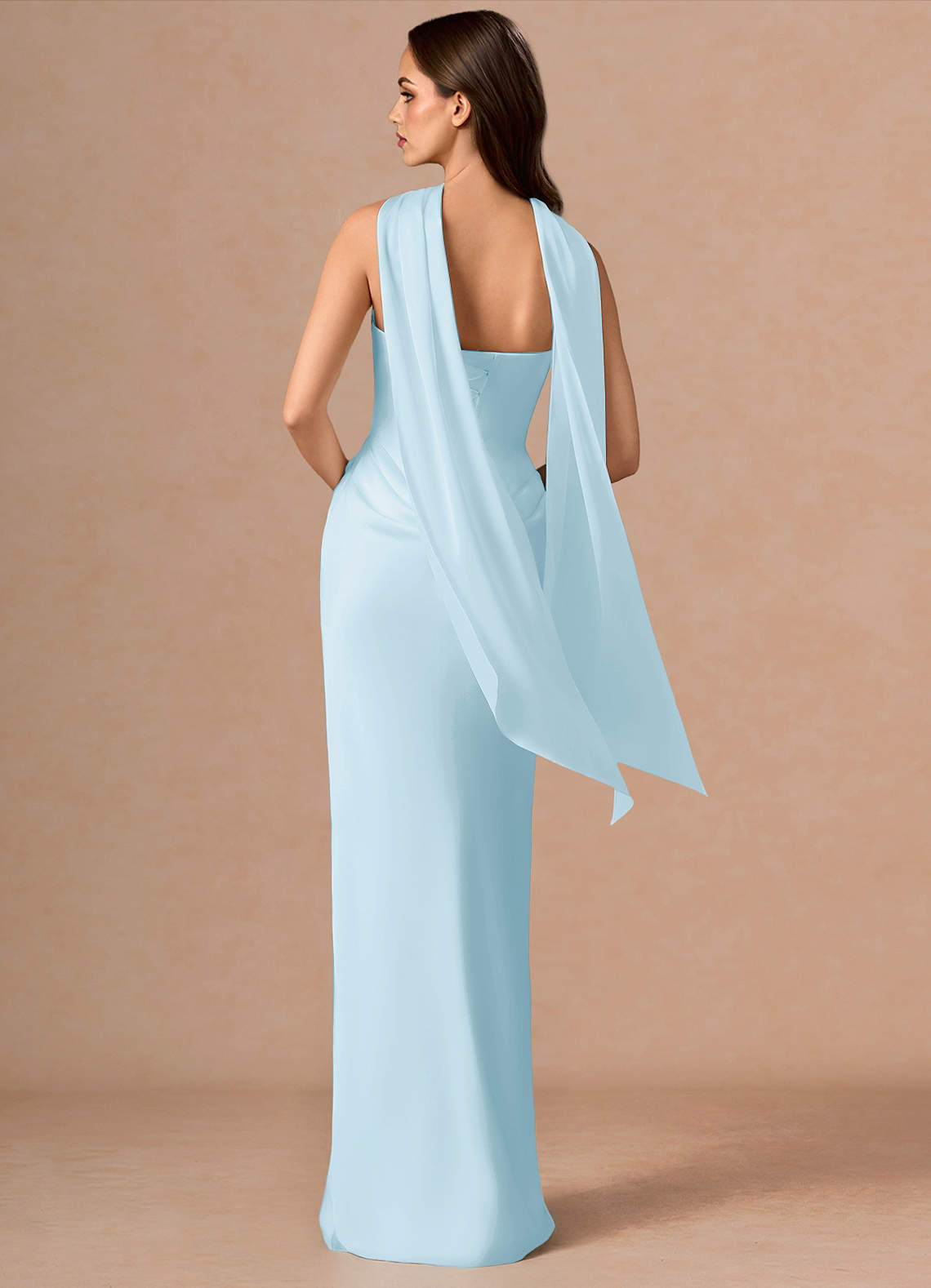 Valencia Scarf Lace-Up Stretch Satin Evening Dress in Light Blue
