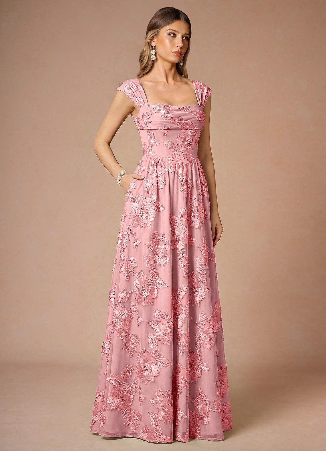 Hazel A-Line Cowl-Neck Floral Mesh Wedding Guest Dress in Pink