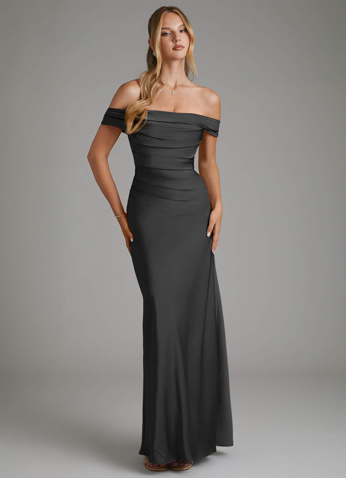 Hayden Mermaid Off-the-Shoulder Stretch Satin Bridesmaid Dress in black