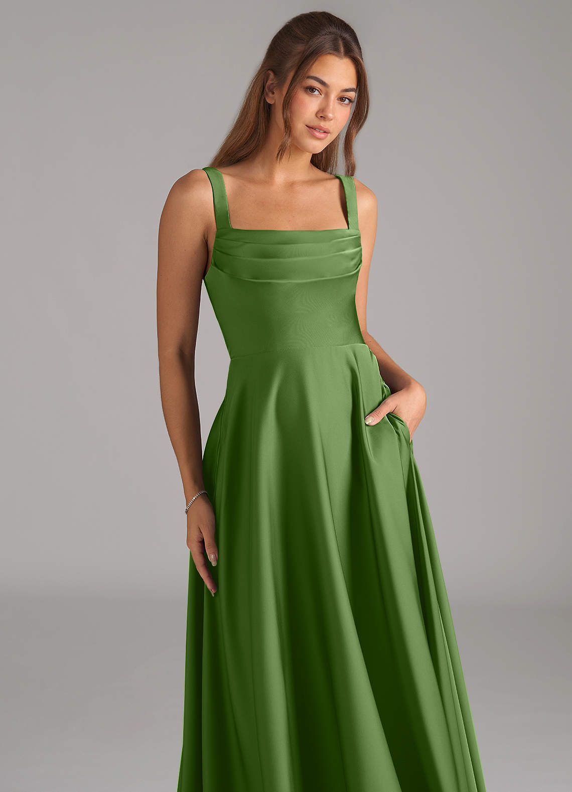 Shaude A-Line Square-Neck Stretch Satin Bridesmaid Dress in Basil