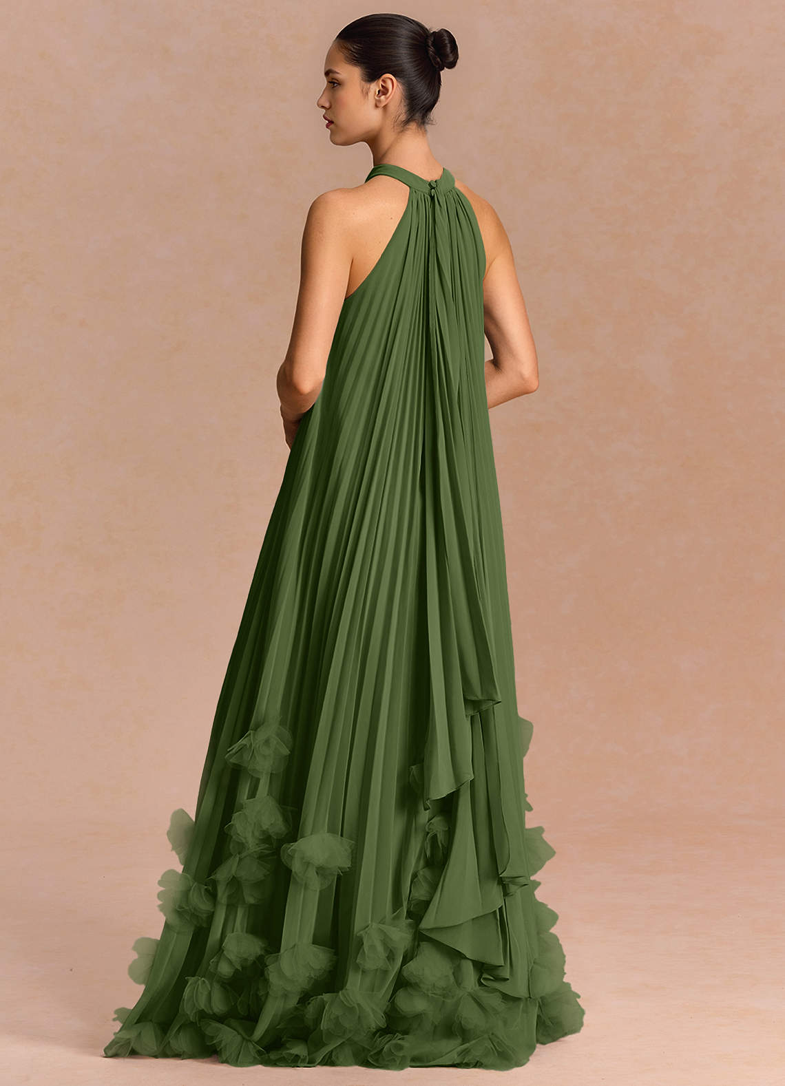 Lucette A-Line Halter Chiffon Evening Dress in Olive
