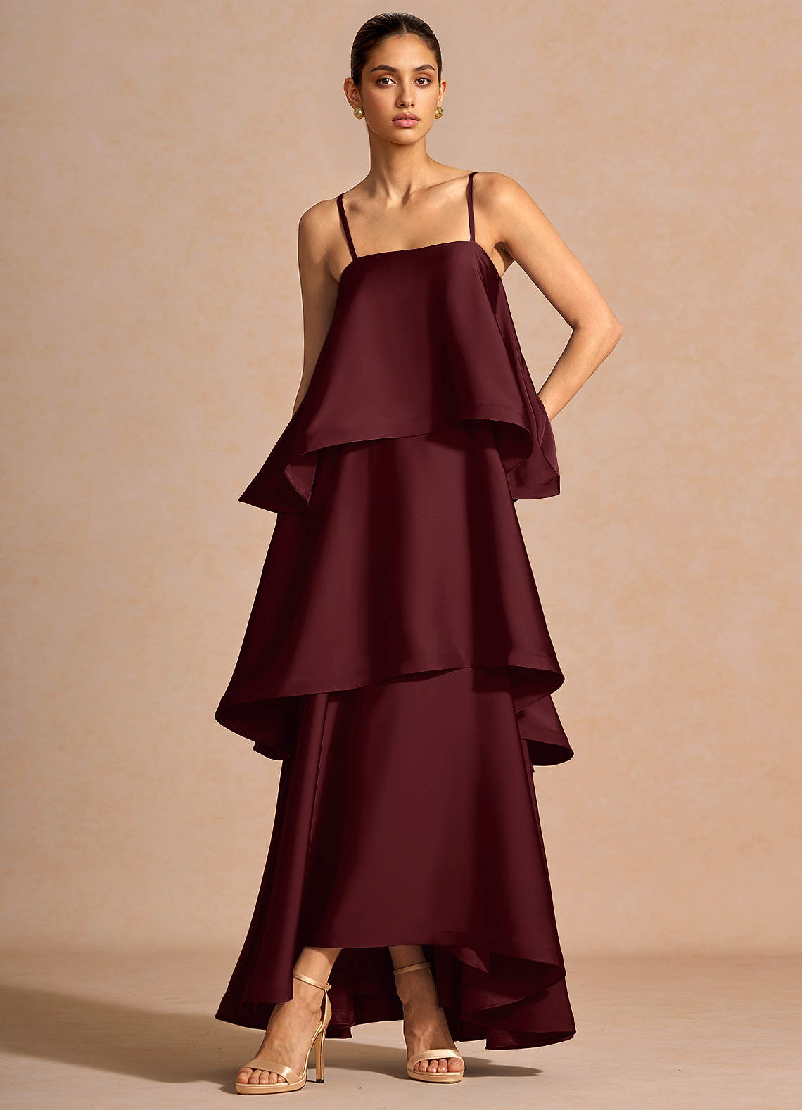 Itasca A-Line Tiered Stretch Satin Wedding Guest Dress in Wine