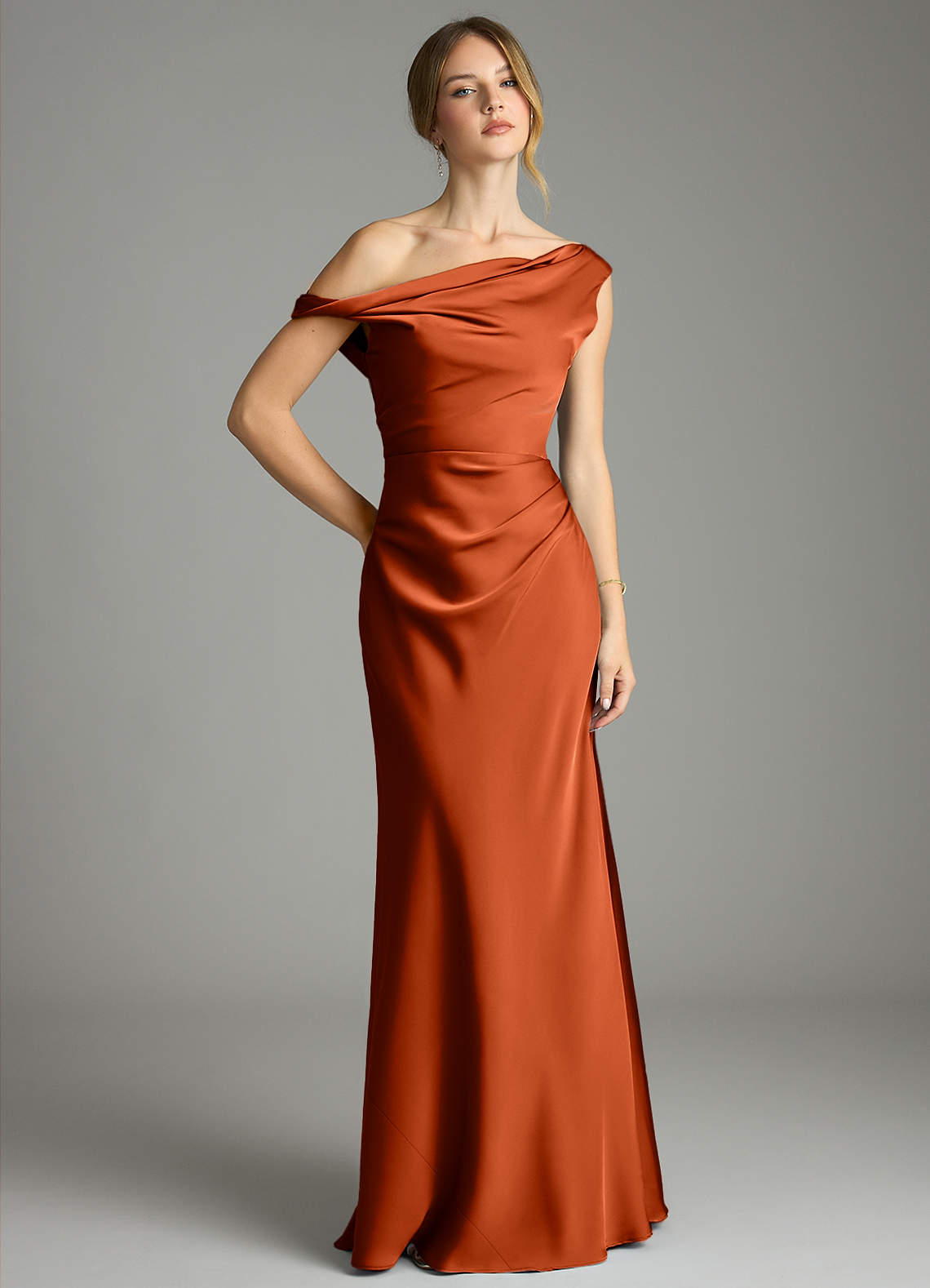 Emerson Mermaid One-Shoulder Stretch Satin Bridesmaid Dress in Paprika
