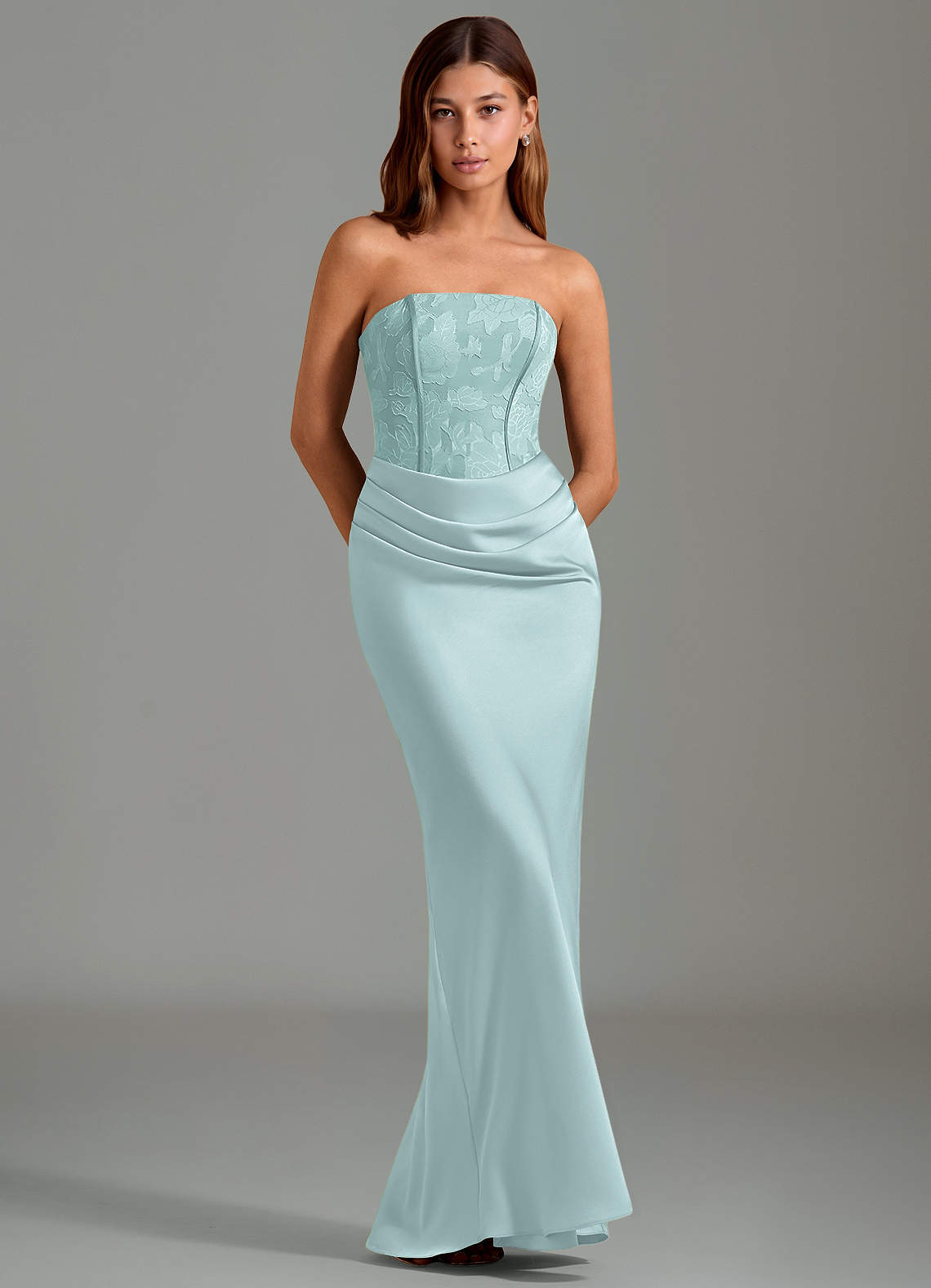 Emilia Mermaid Strapless Stretch Satin and Floral Burnout Bridesmaid Dress in Mist