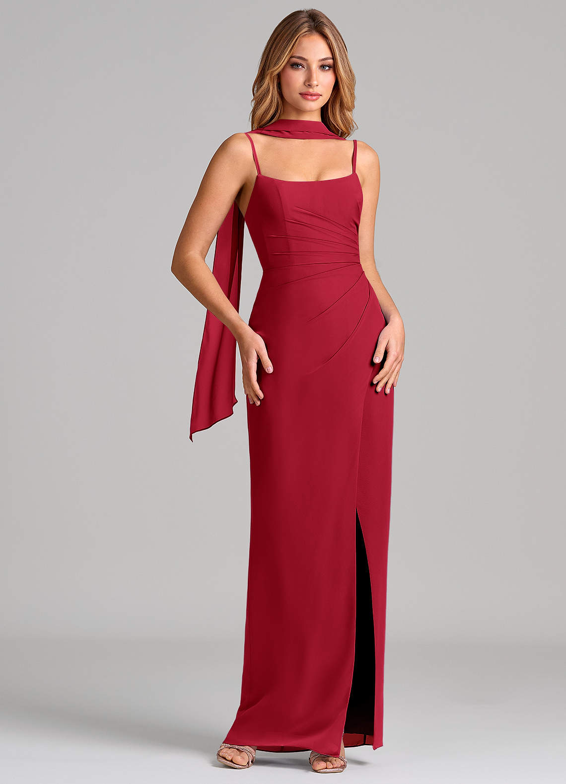 Calandra Sheath Scoop-Neck Chiffon Bridesmaid Dress in Scarlet