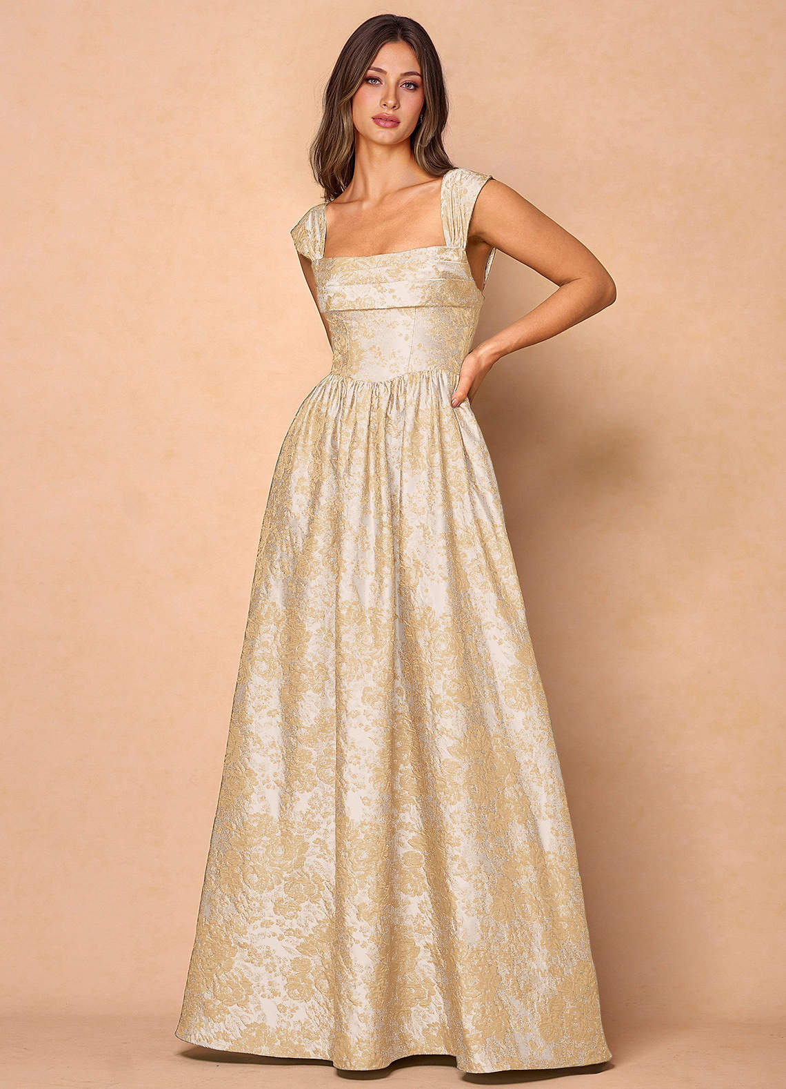 Runa Ball Gown Pleated Jacquard Taffeta Evening Dress in Vintage Champagne