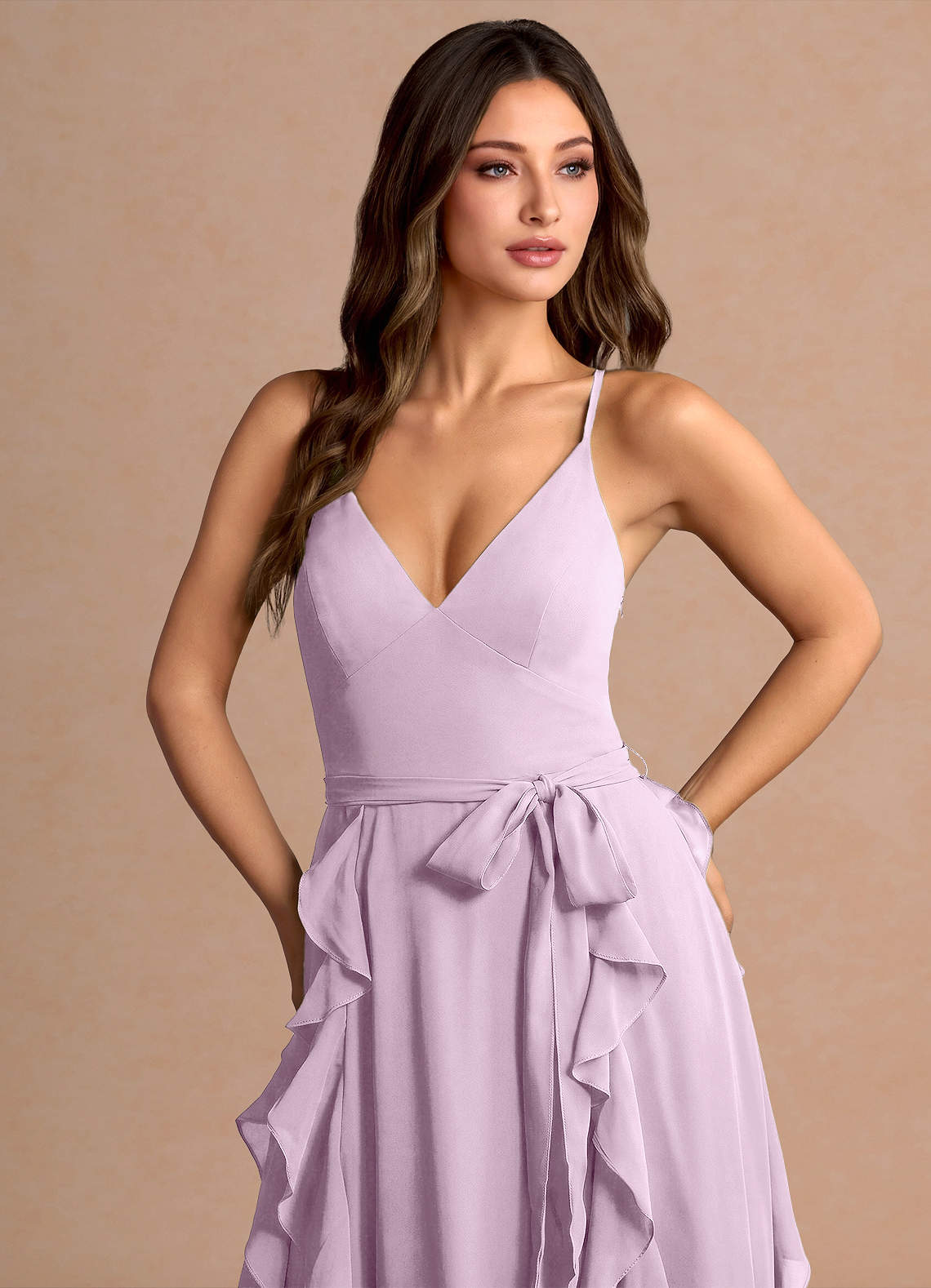 Alouette A-Line V-Neck Chiffon Evening Dress in Frosted Lilac