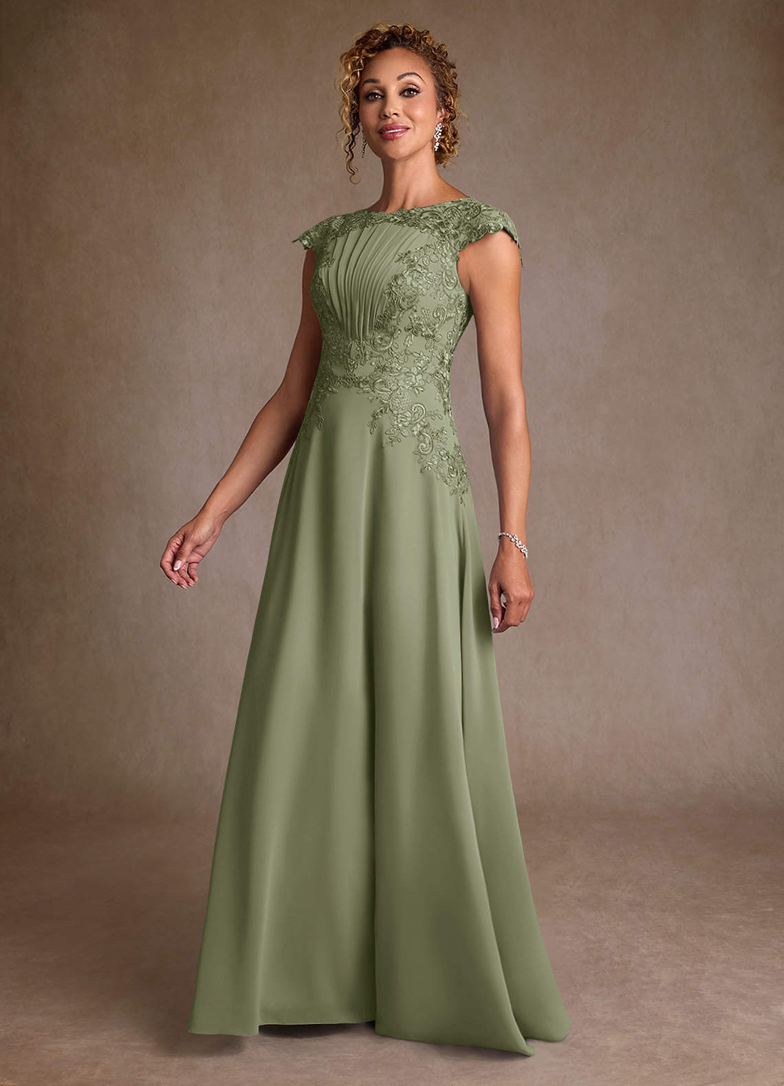 Christi A-Line Scoop-Neck Chiffon and Lace Mother of the Bride Dress in Pistachio