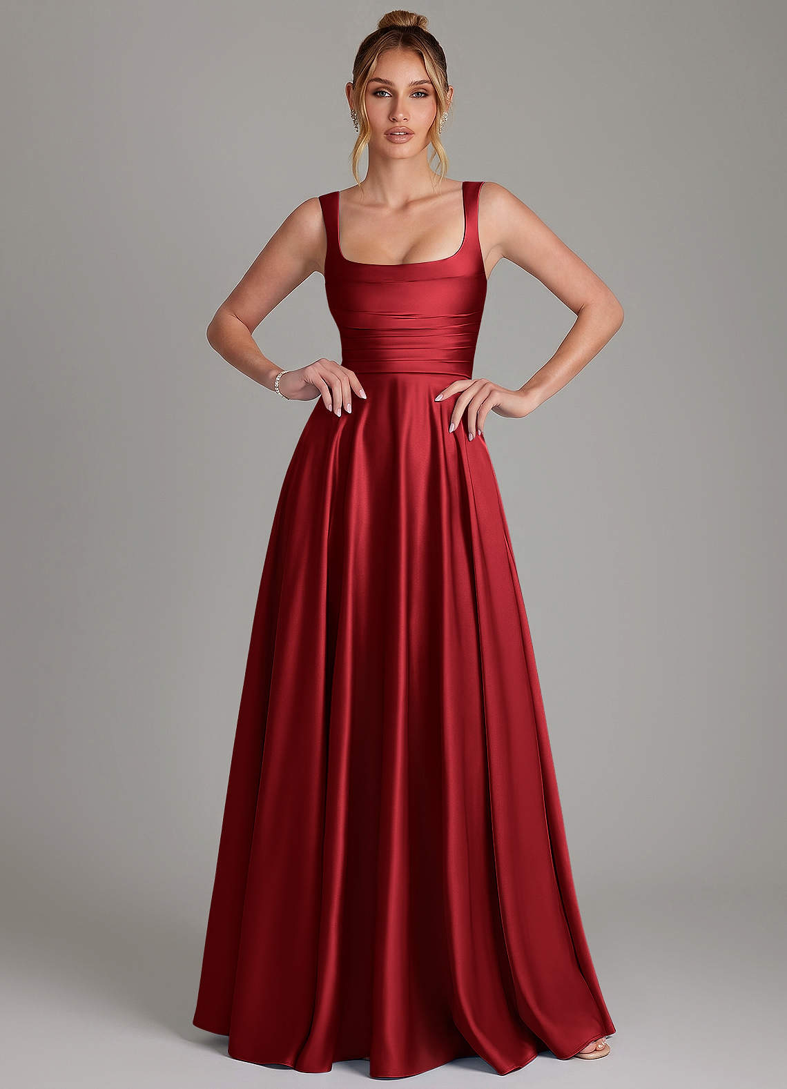 Azaria A-Line Square-Neck Stretch Satin Bridesmaid Dress in Scarlet