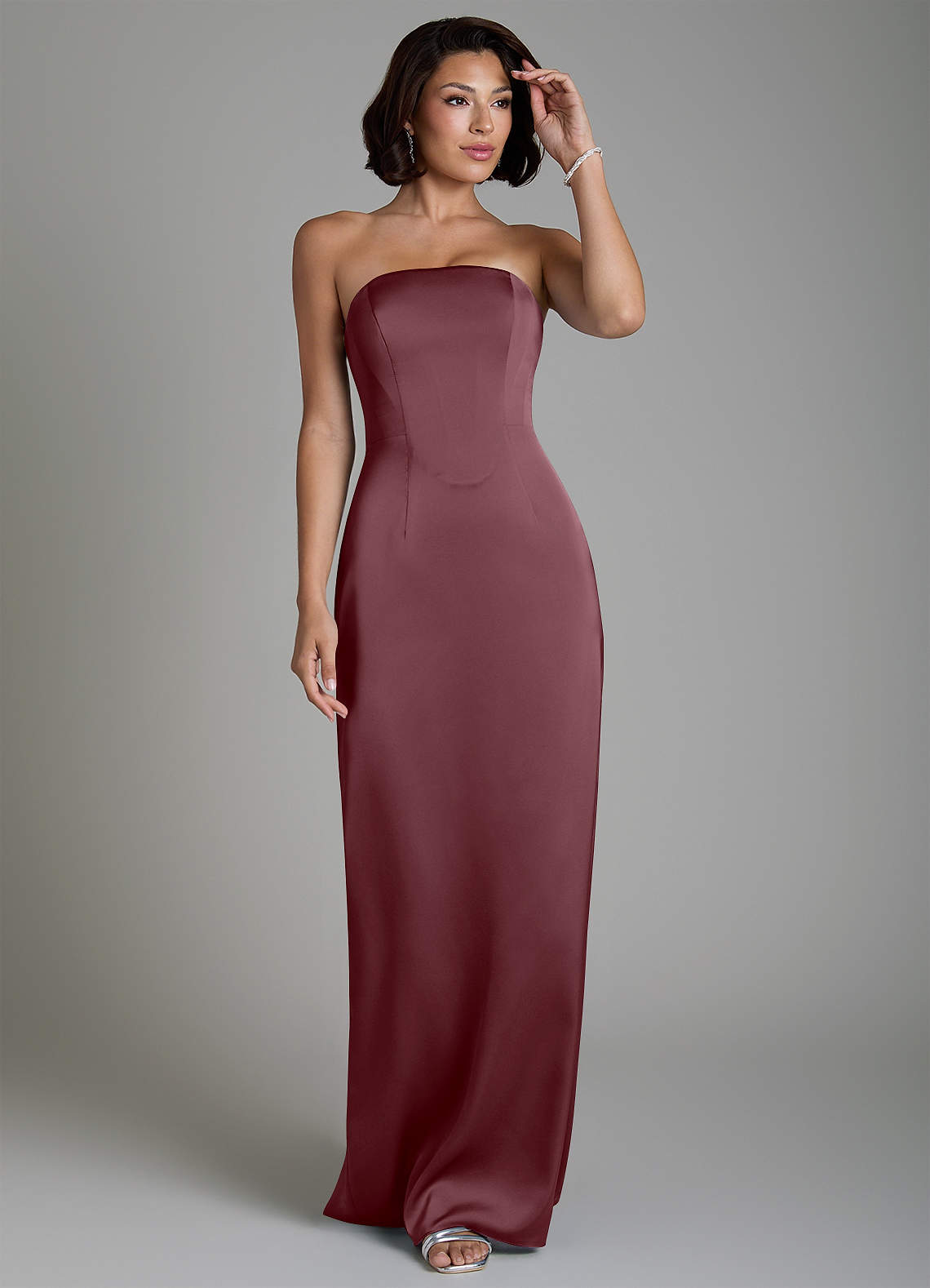 Fallyn Sheath Strapless Stretch Satin Bridesmaid Dress in Sangria
